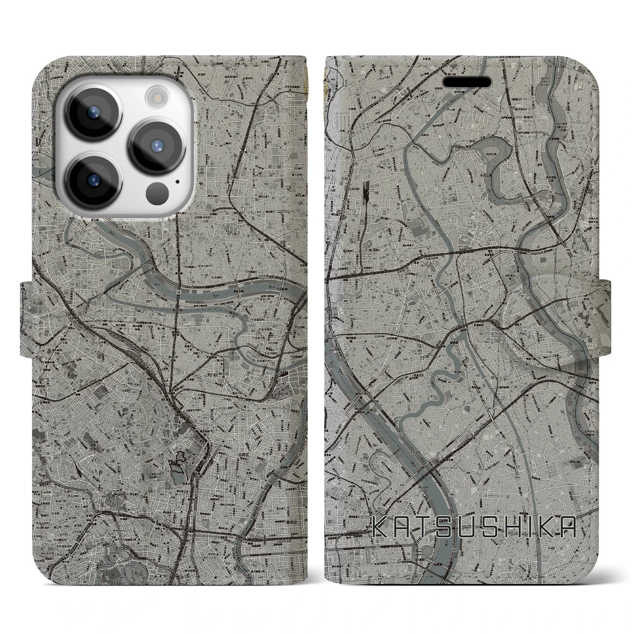 【葛飾(東京都)】地図柄iPhoneケース(手帳タイプ)モノトーン・iPhone 14 Pro 用