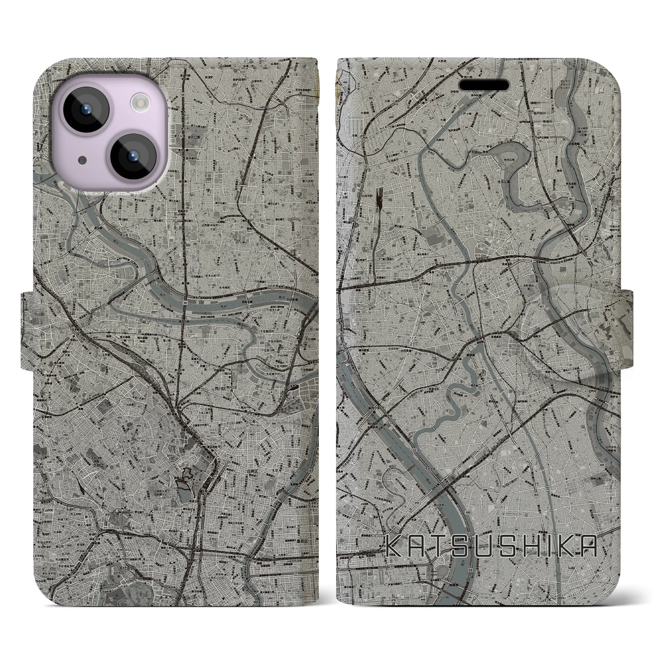 【葛飾(東京都)】地図柄iPhoneケース(手帳タイプ)モノトーン・iPhone 14 用