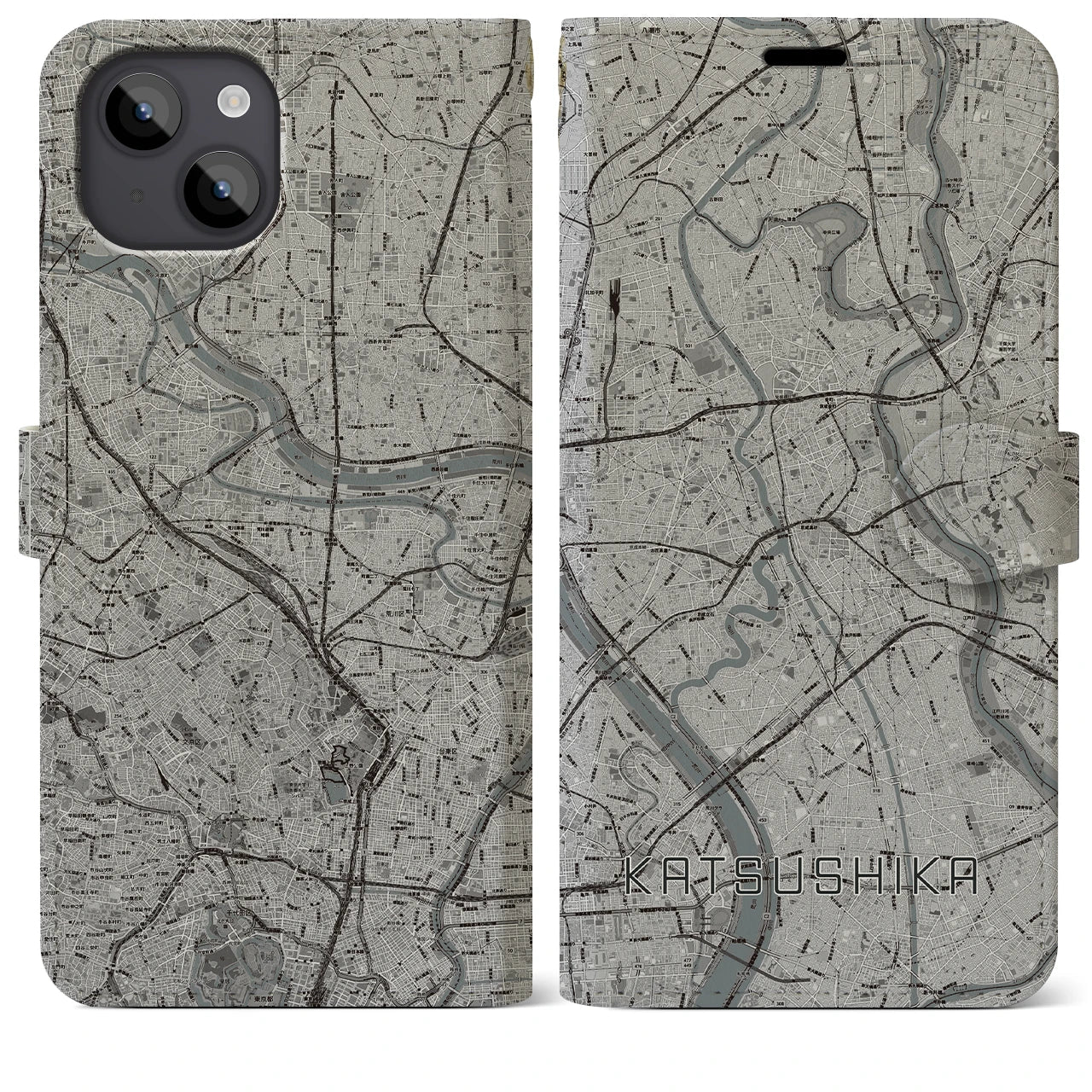 【葛飾(東京都)】地図柄iPhoneケース(手帳タイプ)モノトーン・iPhone 14 Plus 用