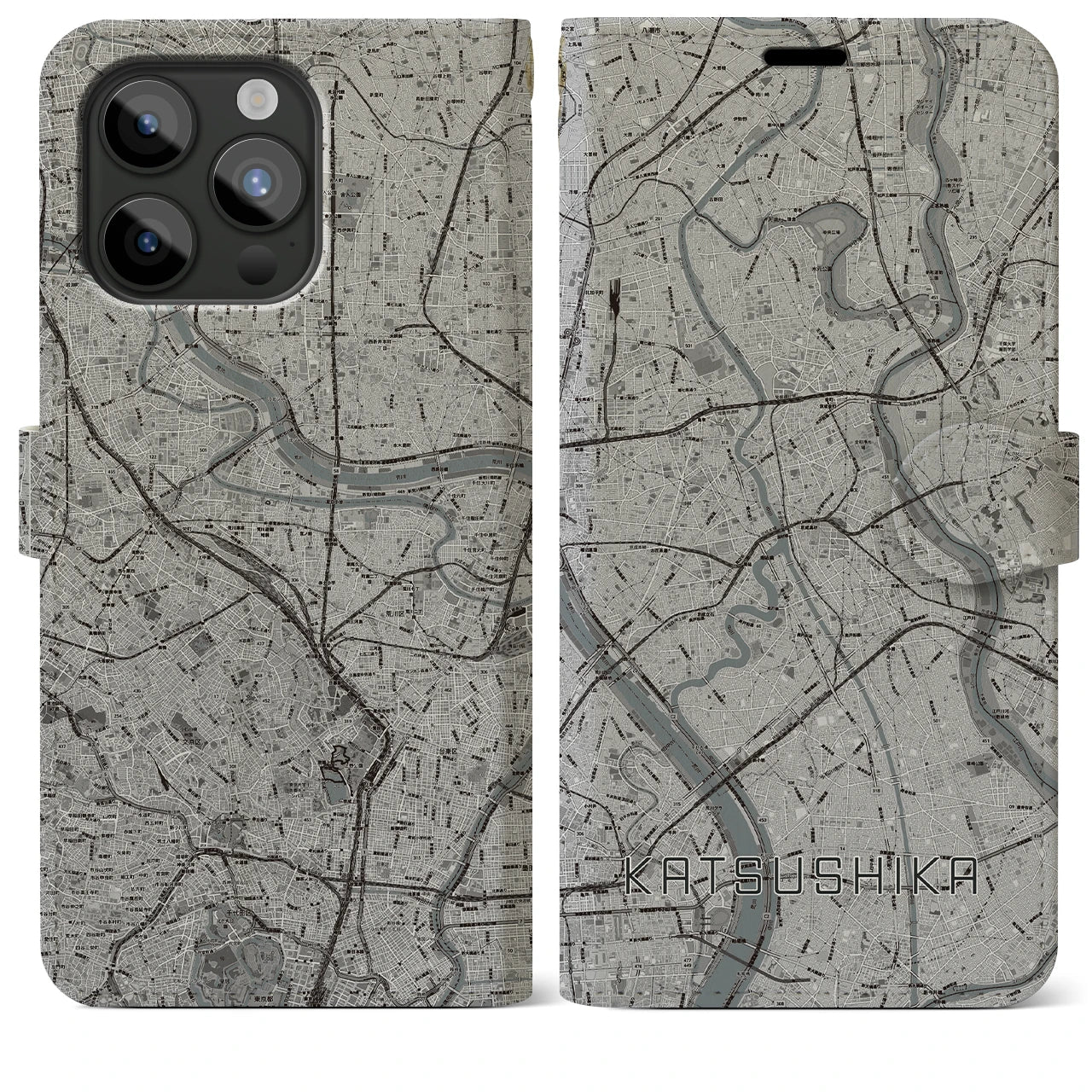 【葛飾(東京都)】地図柄iPhoneケース(手帳タイプ)モノトーン・iPhone 15 Pro Max 用