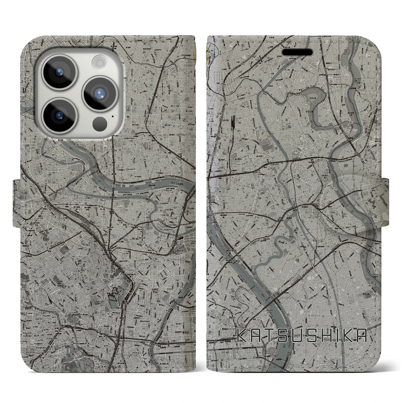 【葛飾(東京都)】地図柄iPhoneケース(手帳タイプ)モノトーン・iPhone 15 Pro 用