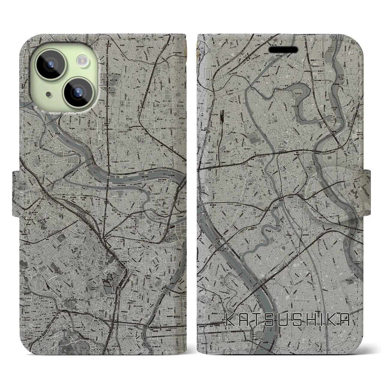 【葛飾(東京都)】地図柄iPhoneケース(手帳タイプ)モノトーン・iPhone 15 用