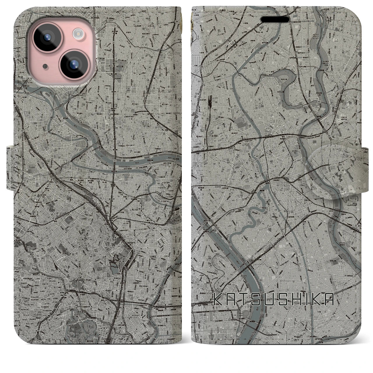 【葛飾(東京都)】地図柄iPhoneケース(手帳タイプ)モノトーン・iPhone 15 Plus 用