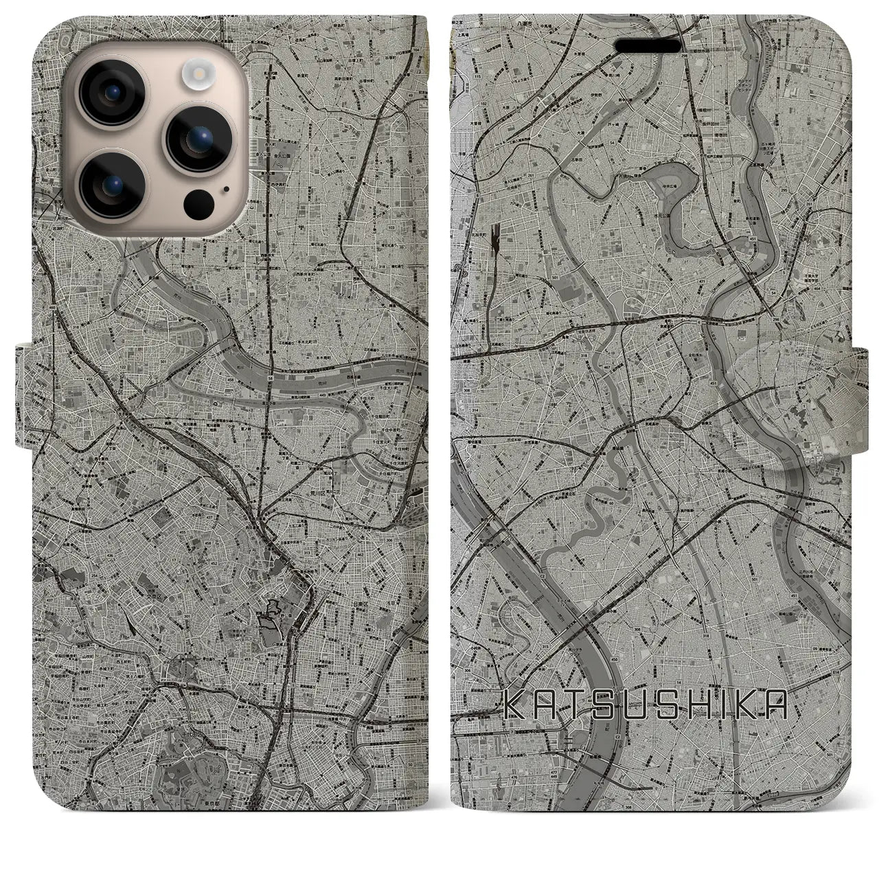 【葛飾(東京都)】地図柄iPhoneケース(手帳タイプ)モノトーン・iPhone 16 Plus 用