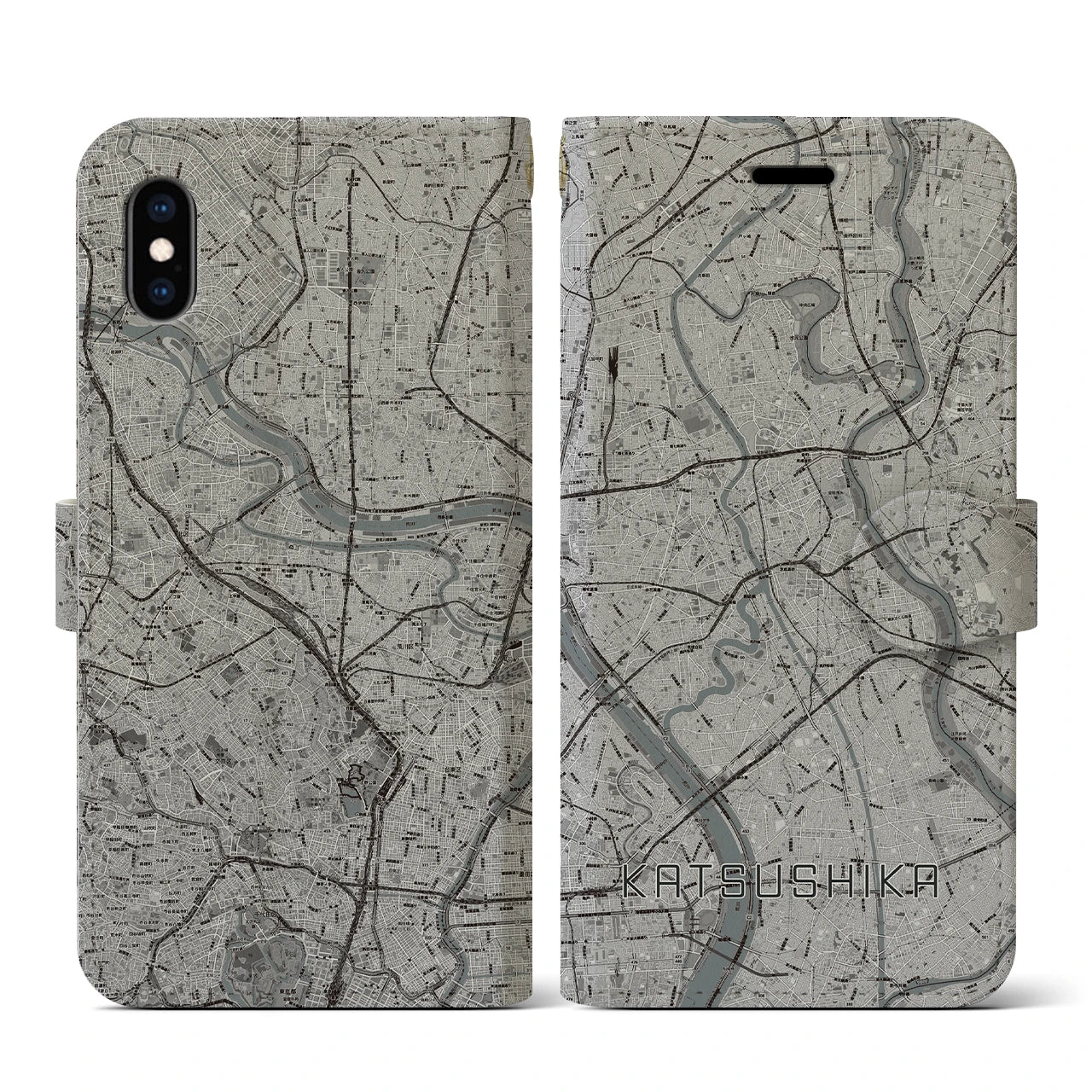 【葛飾(東京都)】地図柄iPhoneケース(手帳タイプ)モノトーン・iPhone XS / X 用