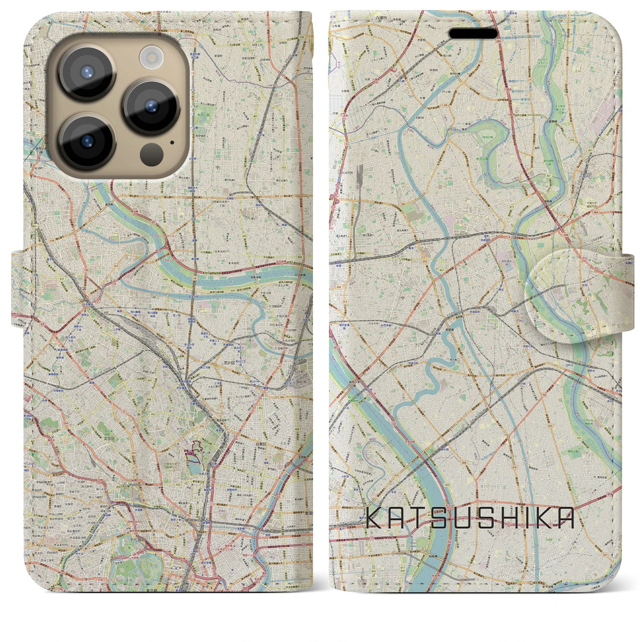 【葛飾(東京都)】地図柄iPhoneケース(手帳タイプ)ナチュラル・iPhone 14 Pro Max 用