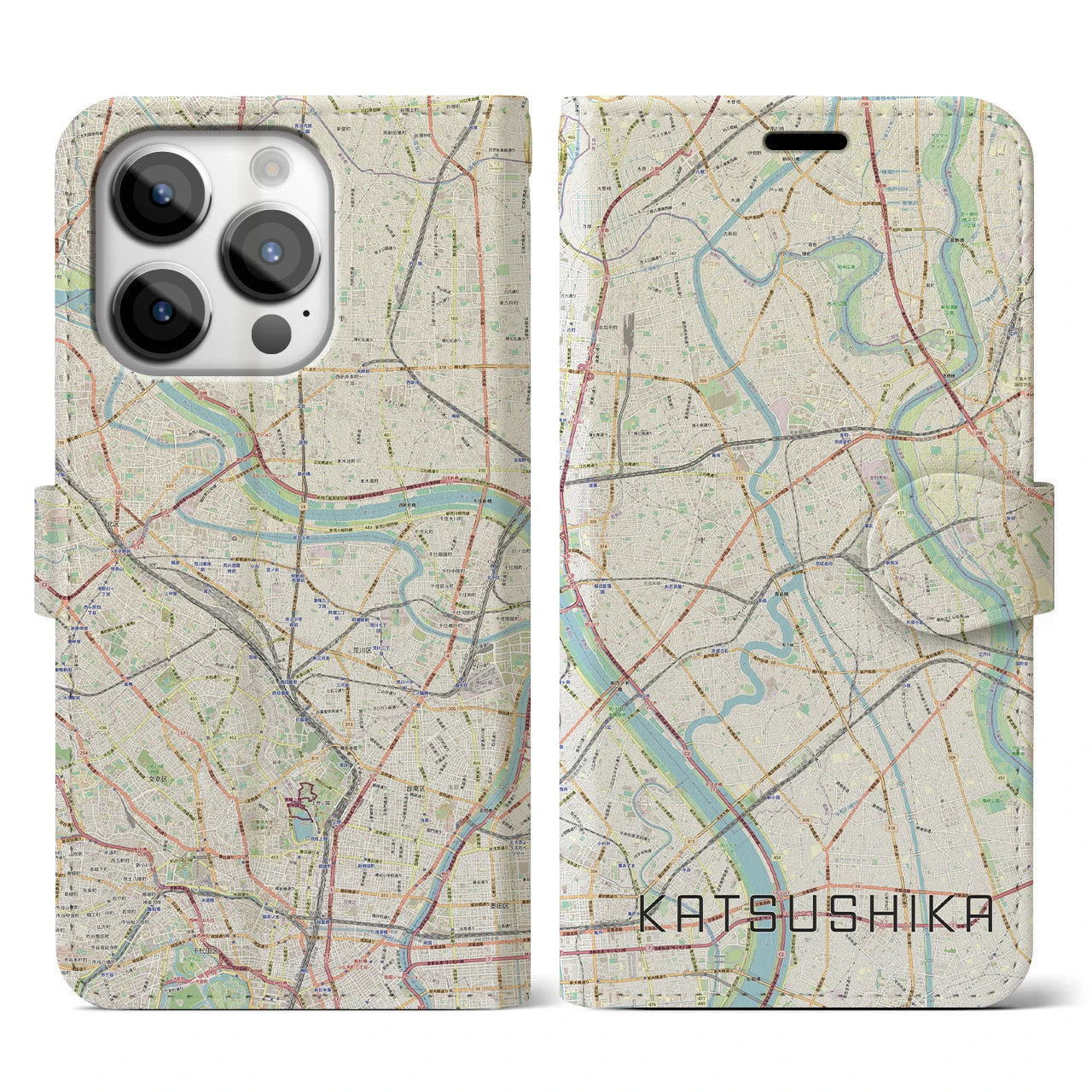 【葛飾(東京都)】地図柄iPhoneケース(手帳タイプ)ナチュラル・iPhone 14 Pro 用