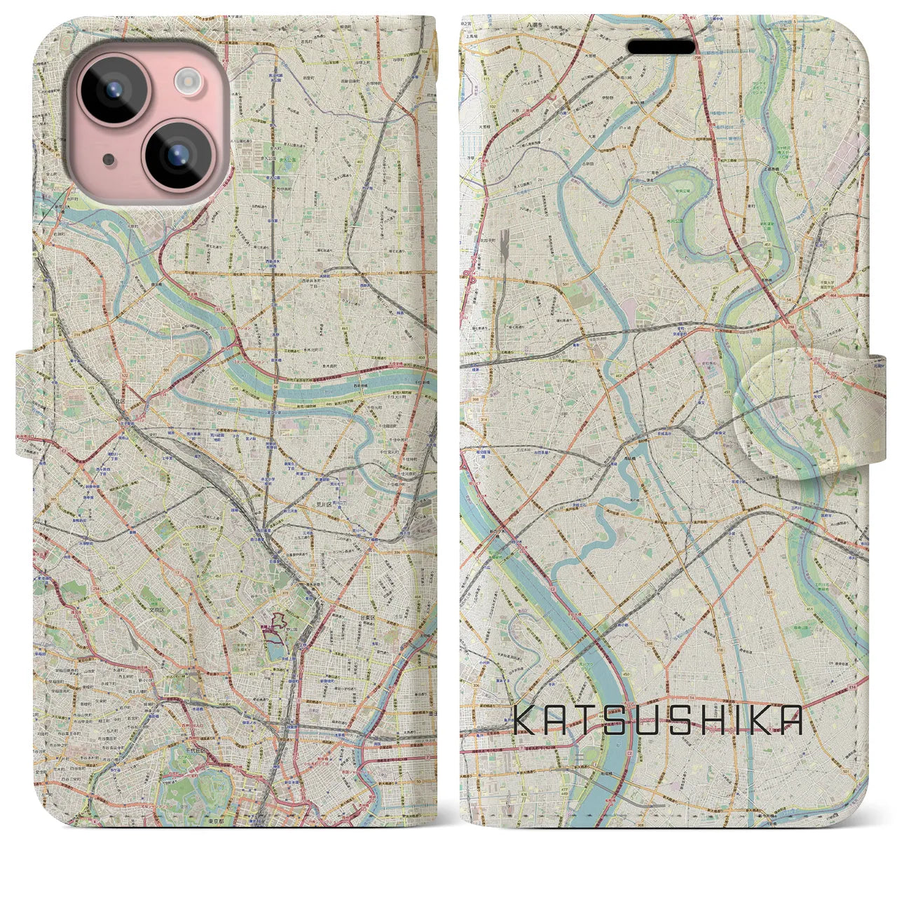 【葛飾(東京都)】地図柄iPhoneケース(手帳タイプ)ナチュラル・iPhone 15 Plus 用