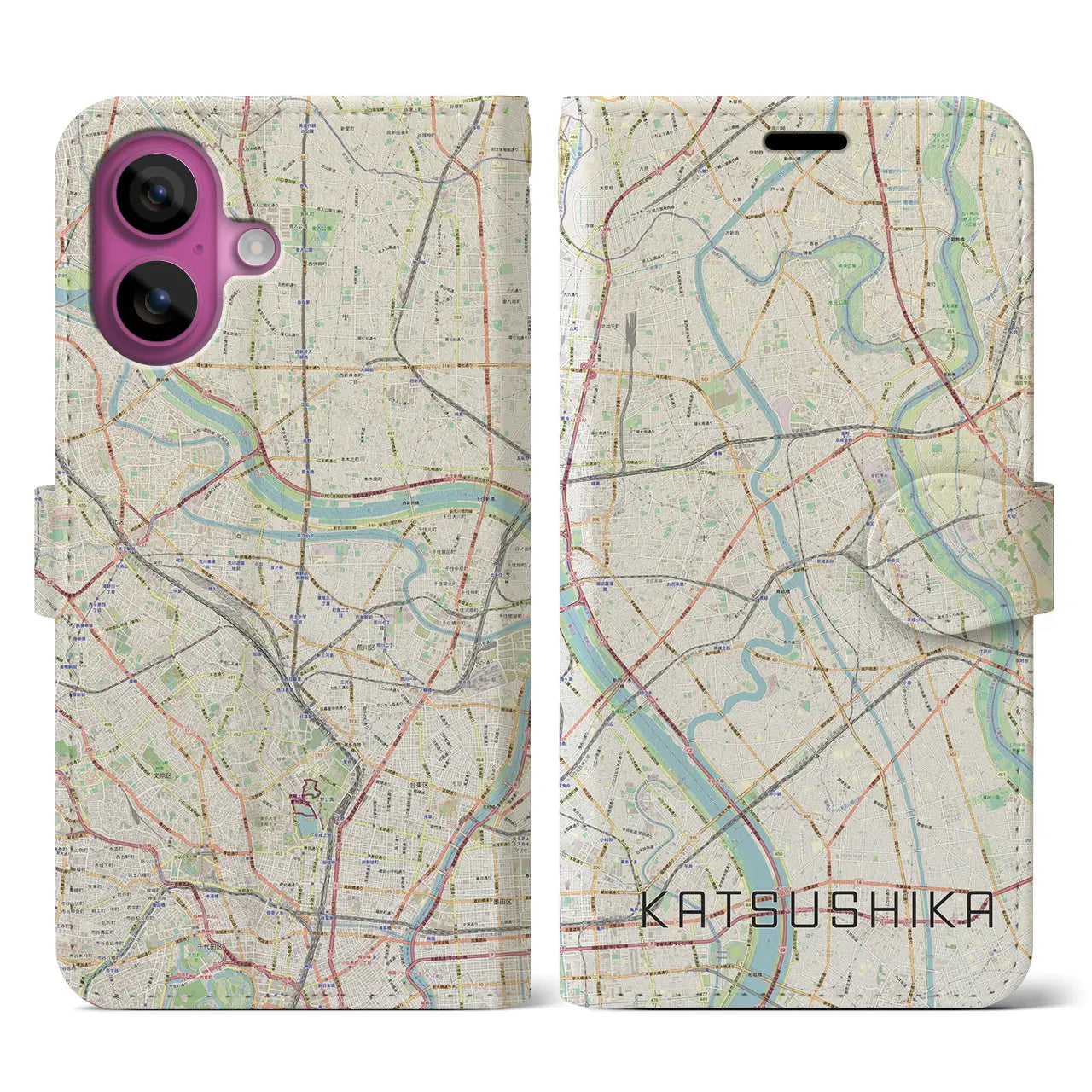 【葛飾(東京都)】地図柄iPhoneケース(手帳タイプ)ナチュラル・iPhone 16 Pro 用