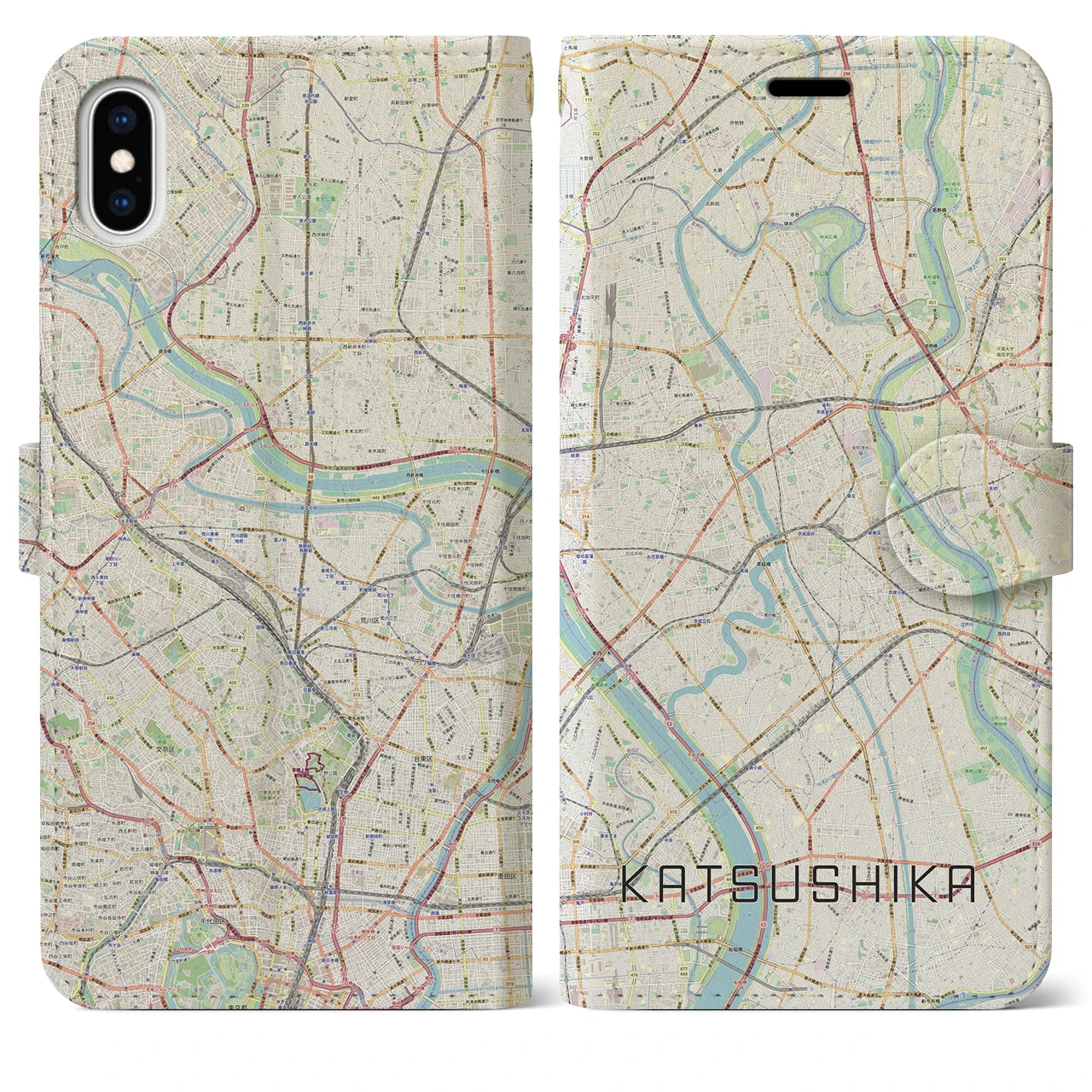 【葛飾(東京都)】地図柄iPhoneケース(手帳タイプ)ナチュラル・iPhone XS Max 用