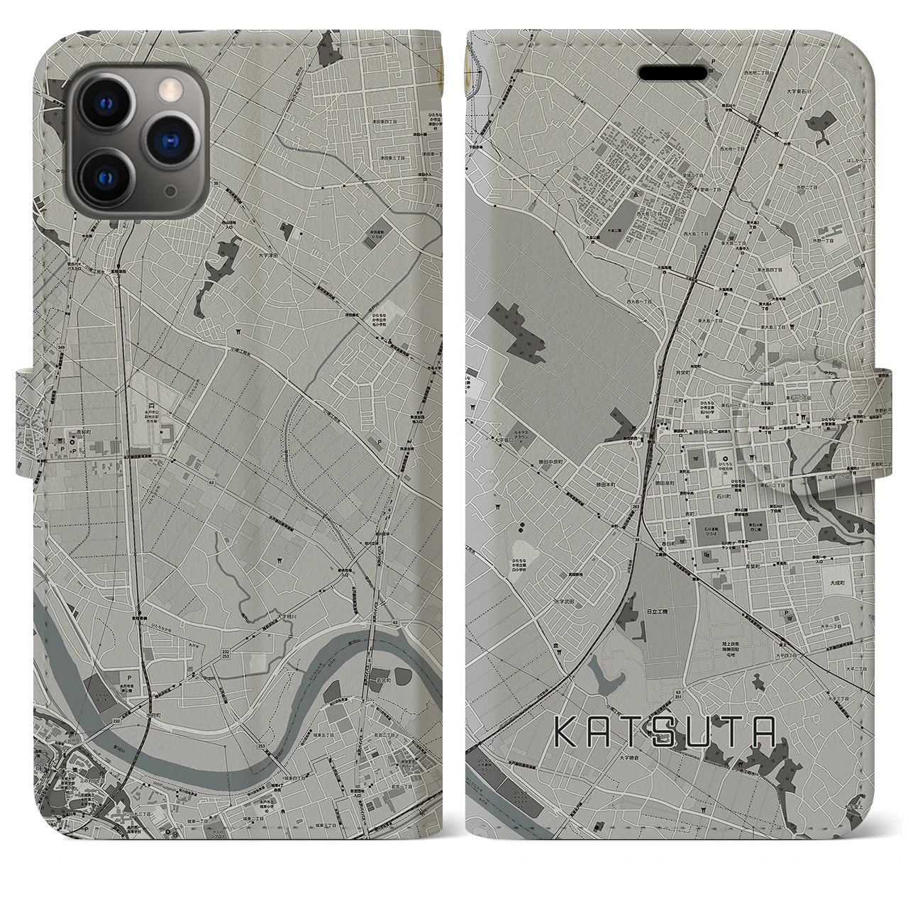 【勝田(茨城県)】地図柄iPhoneケース(手帳タイプ)モノトーン・iPhone 11 Pro Max 用