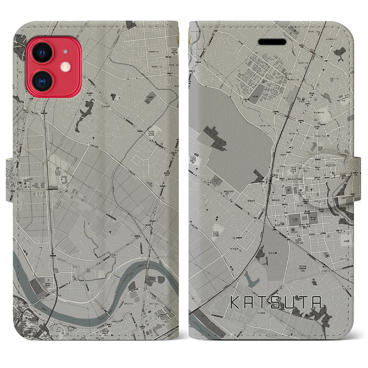 【勝田(茨城県)】地図柄iPhoneケース(手帳タイプ)モノトーン・iPhone 11 用