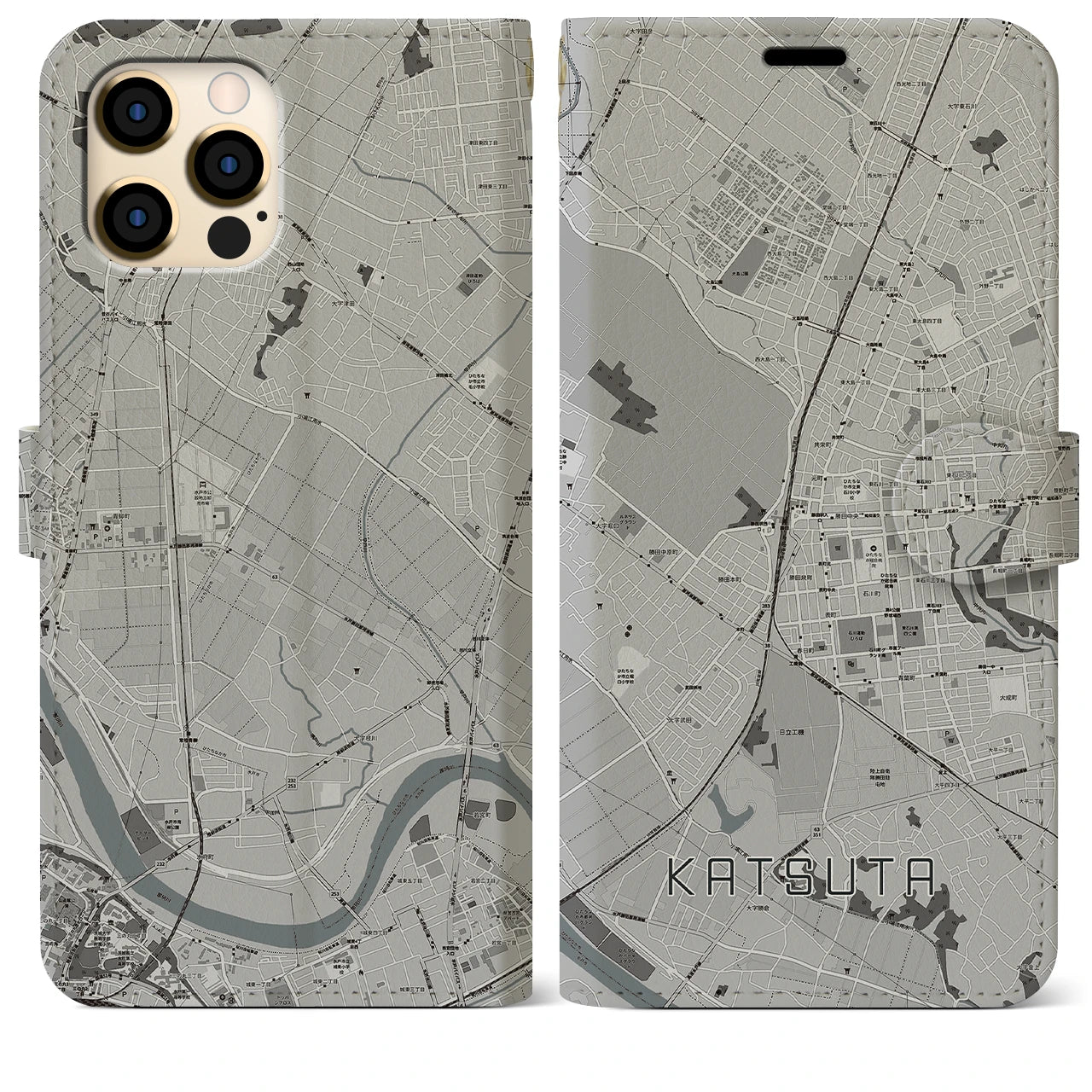 【勝田(茨城県)】地図柄iPhoneケース(手帳タイプ)モノトーン・iPhone 12 Pro Max 用