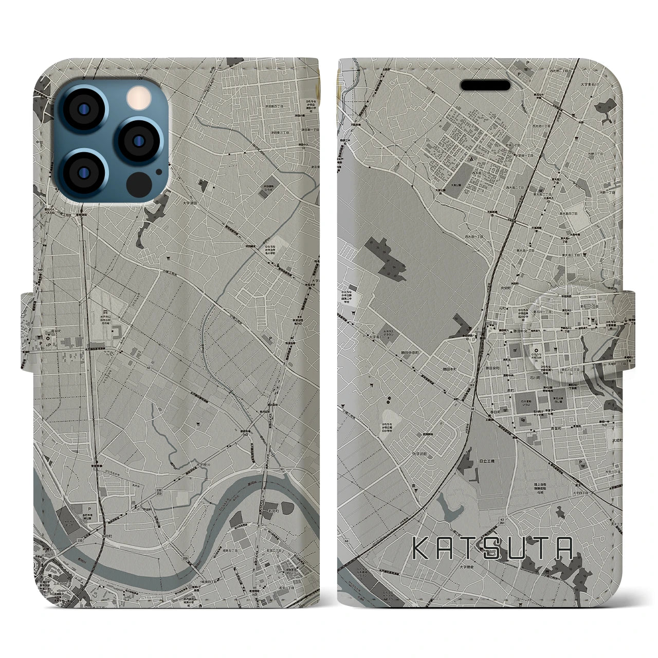 【勝田(茨城県)】地図柄iPhoneケース(手帳タイプ)モノトーン・iPhone 12 / 12 Pro 用