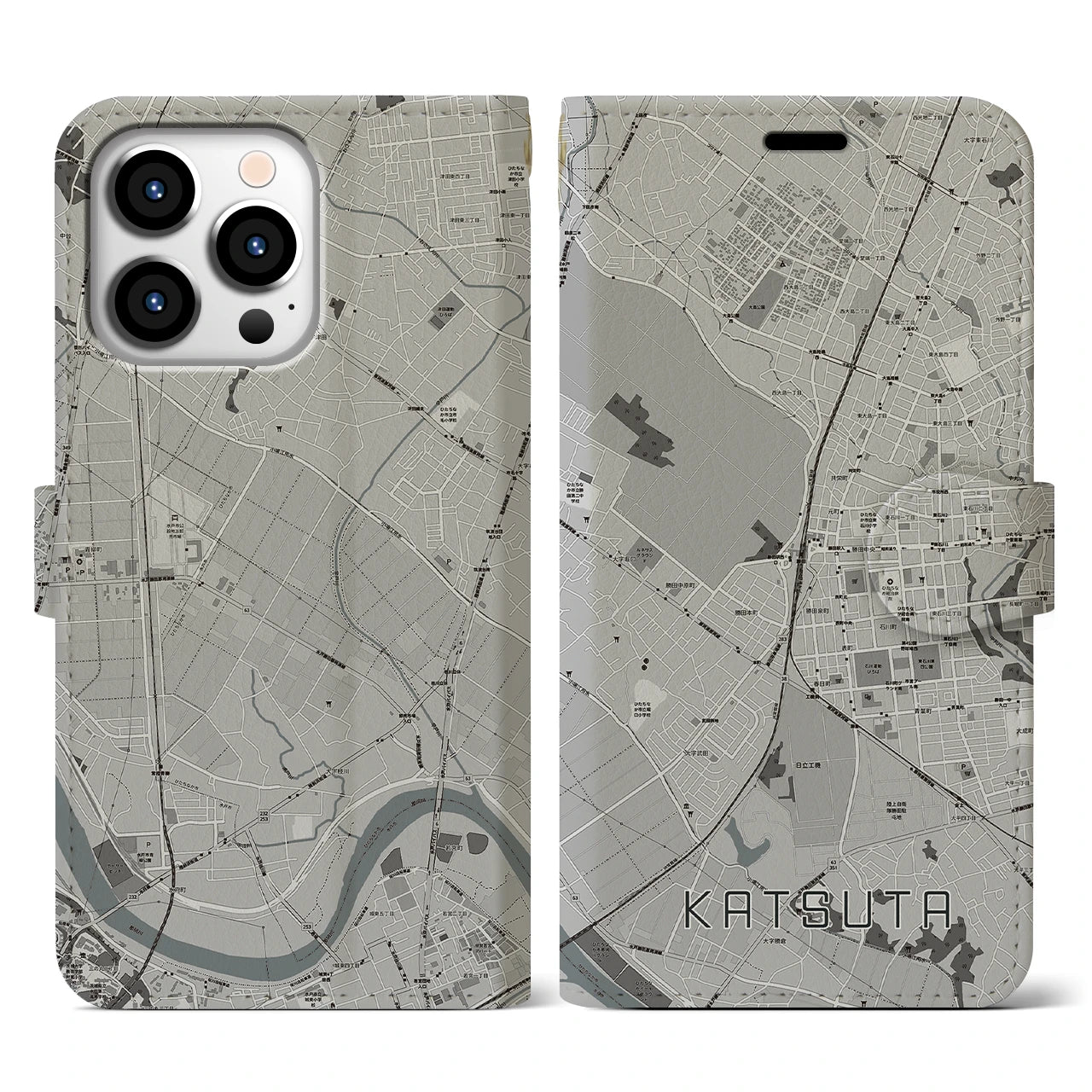 【勝田(茨城県)】地図柄iPhoneケース(手帳タイプ)モノトーン・iPhone 13 Pro 用