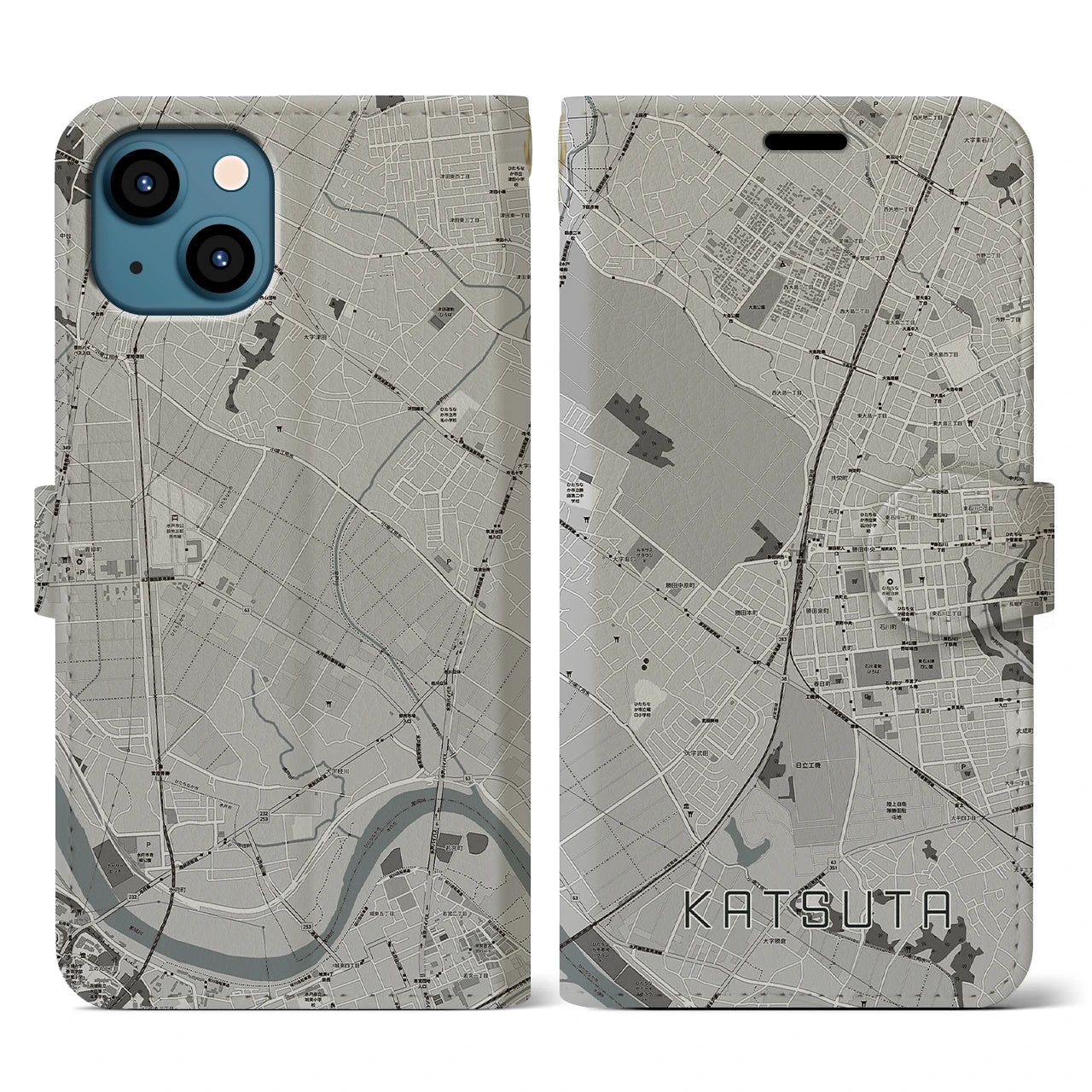 【勝田(茨城県)】地図柄iPhoneケース(手帳タイプ)モノトーン・iPhone 13 用