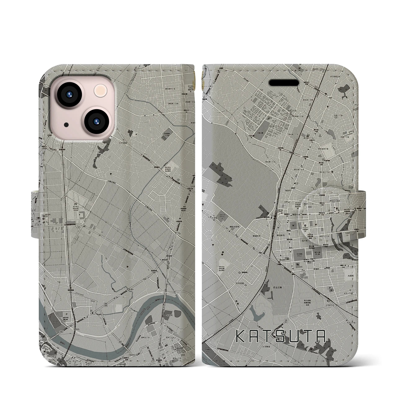 【勝田(茨城県)】地図柄iPhoneケース(手帳タイプ)モノトーン・iPhone 13 mini 用