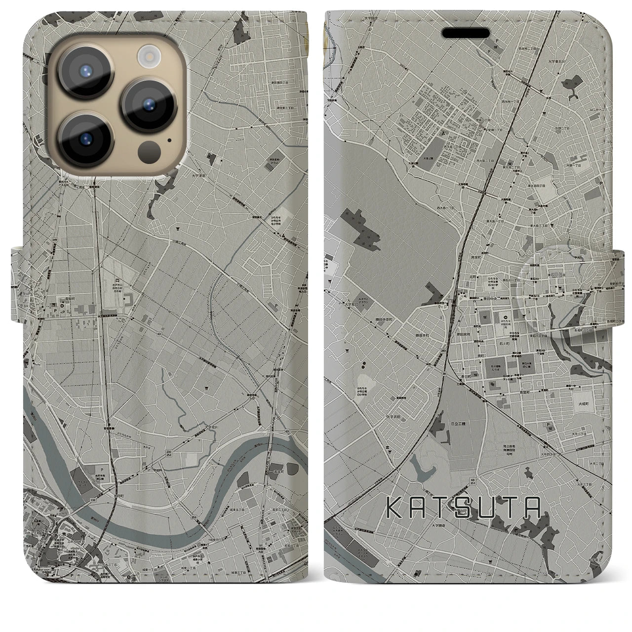 【勝田(茨城県)】地図柄iPhoneケース(手帳タイプ)モノトーン・iPhone 14 Pro Max 用