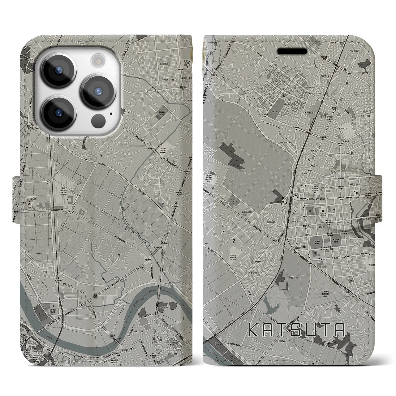 【勝田(茨城県)】地図柄iPhoneケース(手帳タイプ)モノトーン・iPhone 14 Pro 用