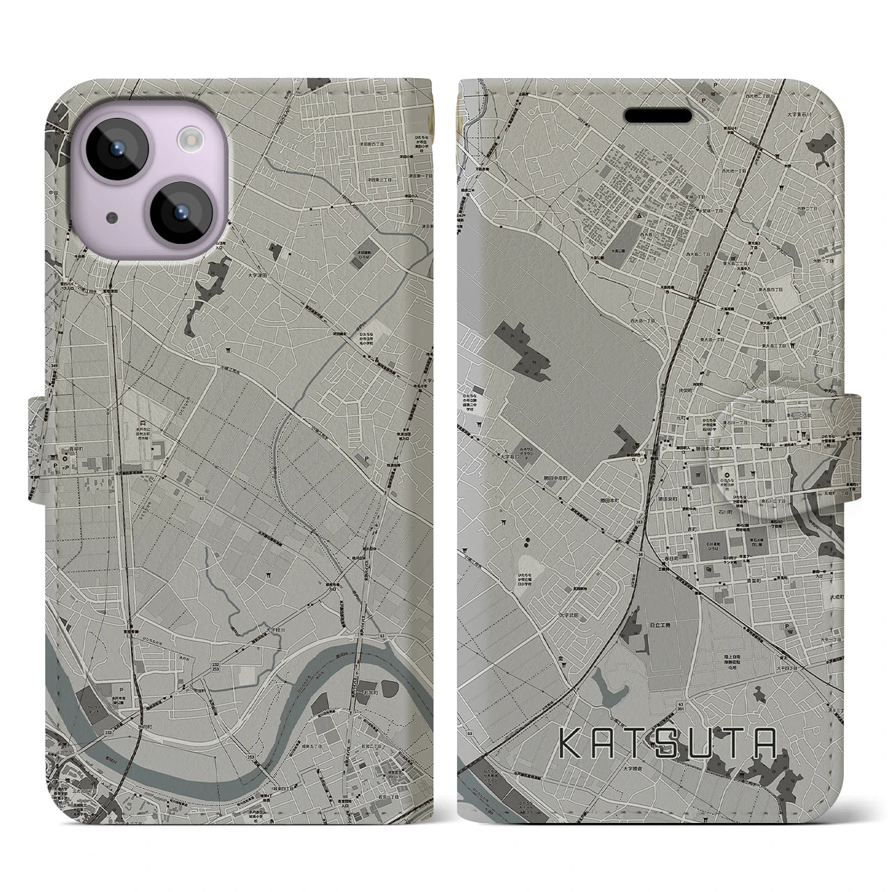 【勝田(茨城県)】地図柄iPhoneケース(手帳タイプ)モノトーン・iPhone 14 用