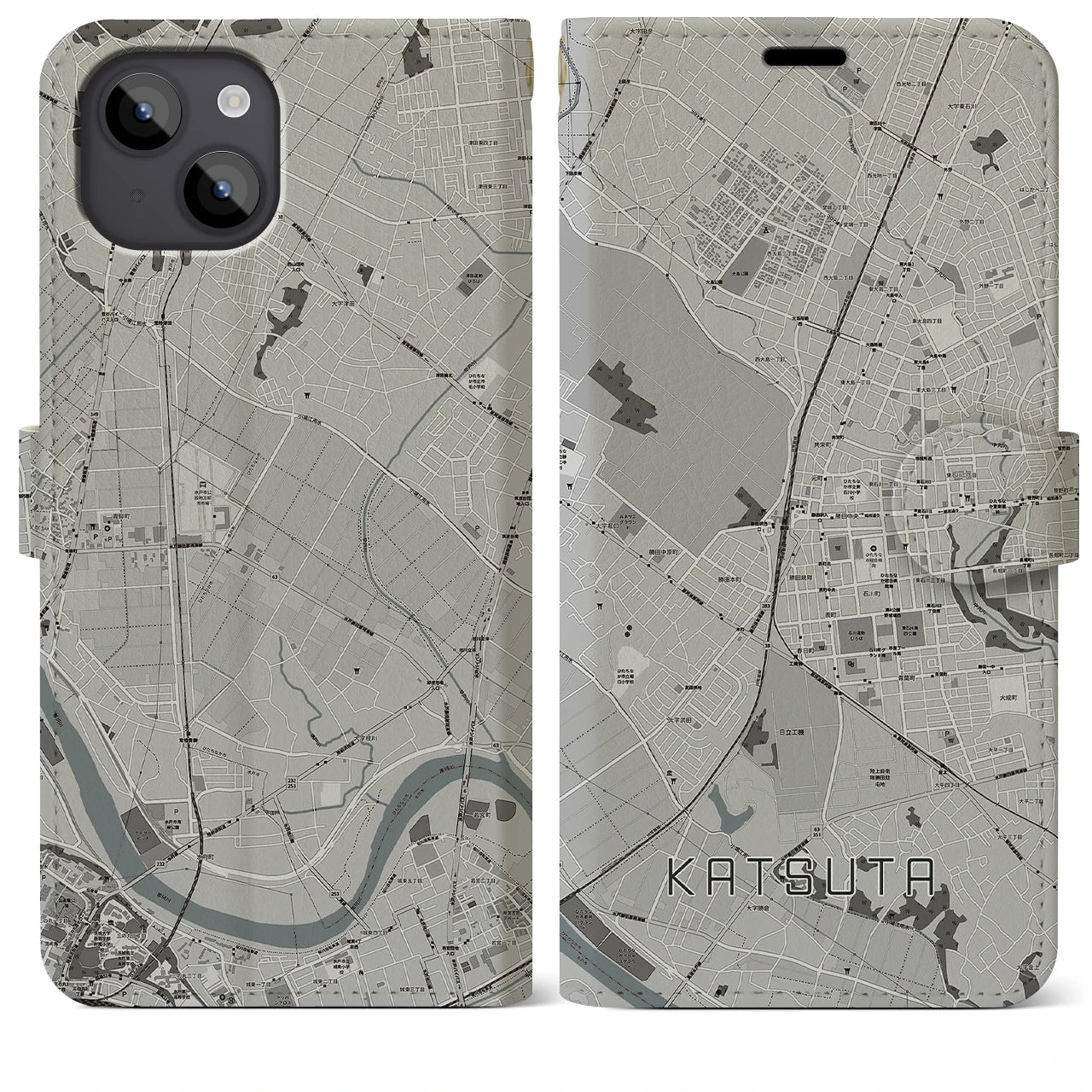 【勝田(茨城県)】地図柄iPhoneケース(手帳タイプ)モノトーン・iPhone 14 Plus 用