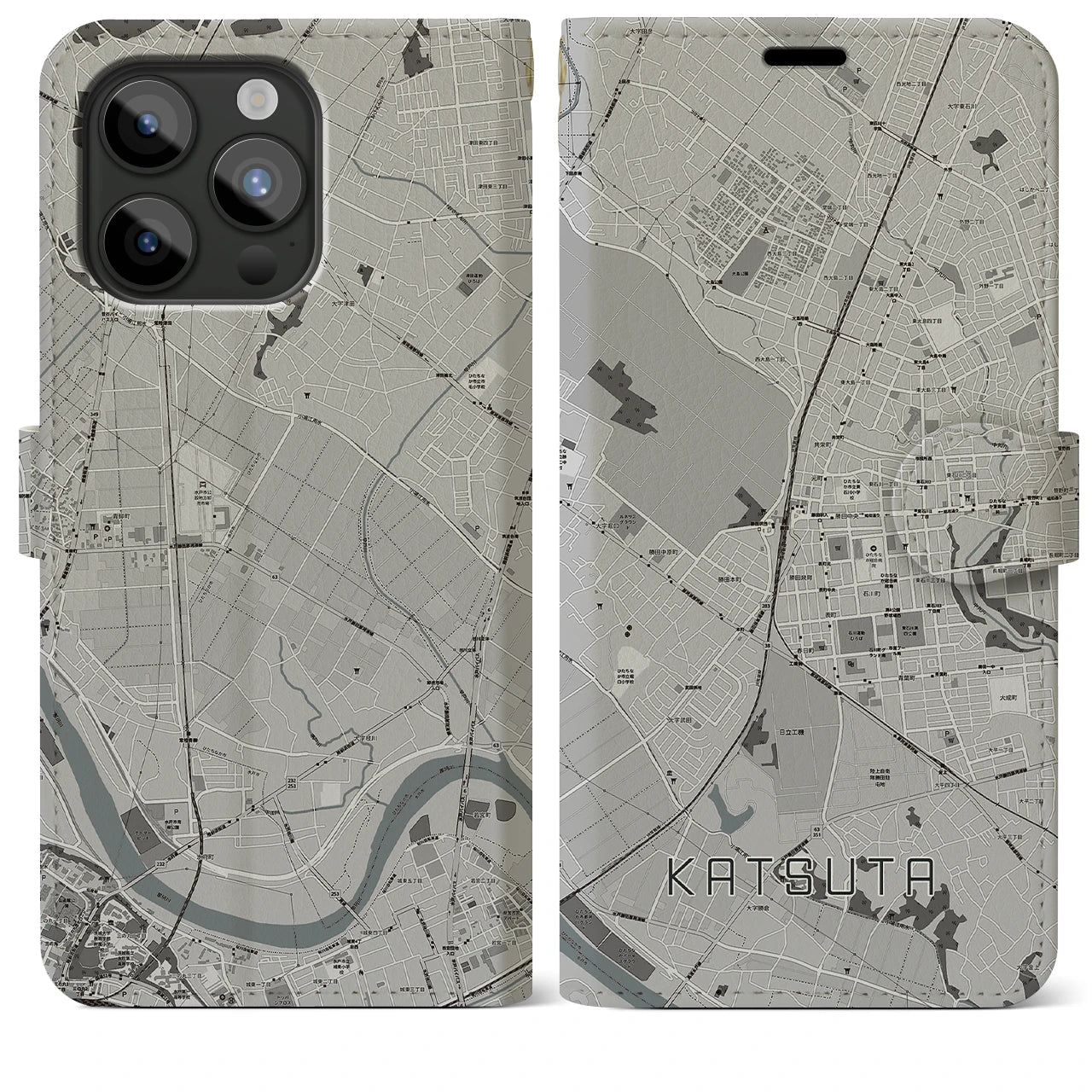 【勝田(茨城県)】地図柄iPhoneケース(手帳タイプ)モノトーン・iPhone 15 Pro Max 用