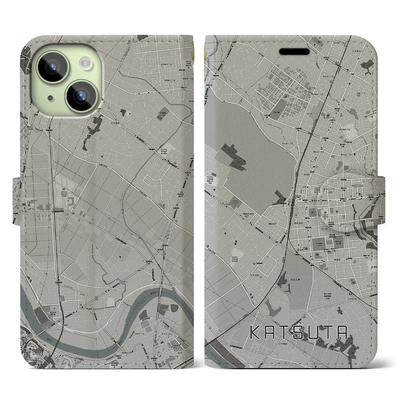 【勝田(茨城県)】地図柄iPhoneケース(手帳タイプ)モノトーン・iPhone 15 用