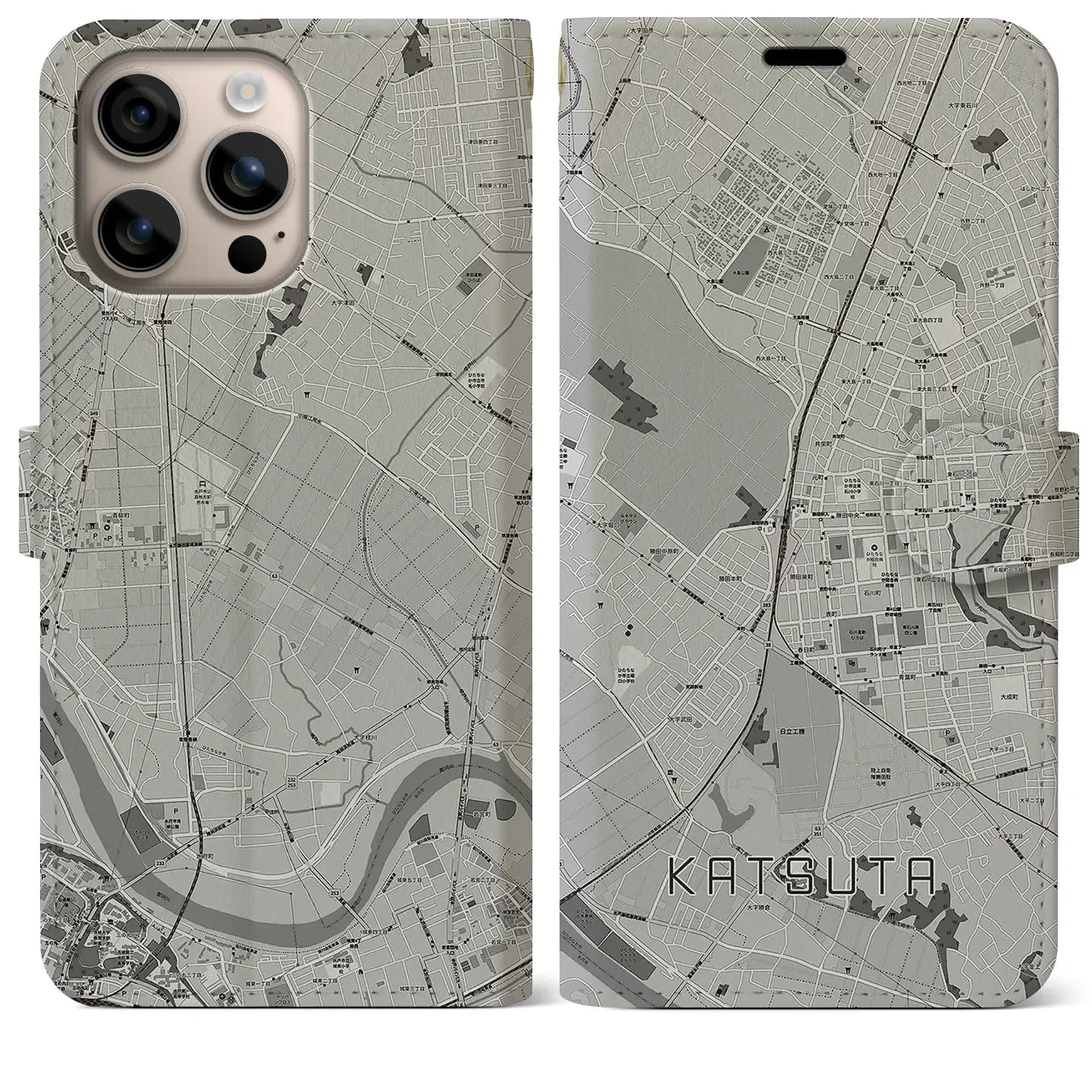 【勝田(茨城県)】地図柄iPhoneケース(手帳タイプ)モノトーン・iPhone 16 Plus 用