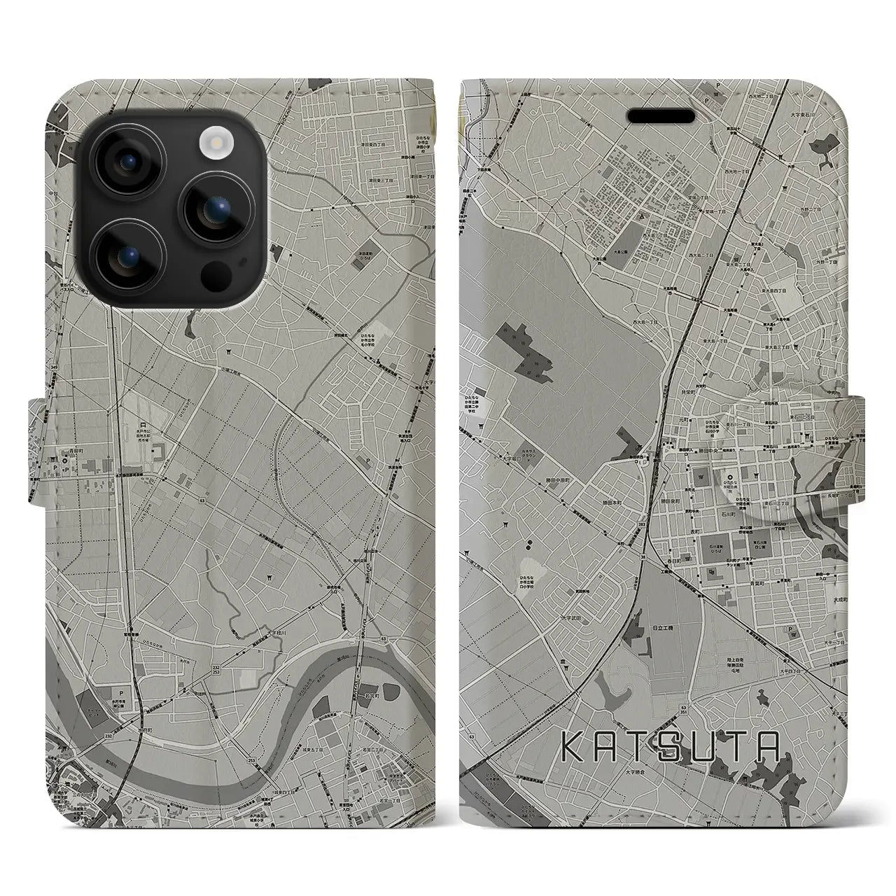 【勝田(茨城県)】地図柄iPhoneケース(手帳タイプ)モノトーン・iPhone 16 用