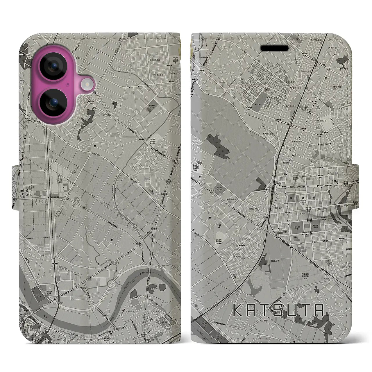 【勝田(茨城県)】地図柄iPhoneケース(手帳タイプ)モノトーン・iPhone 16 Pro 用