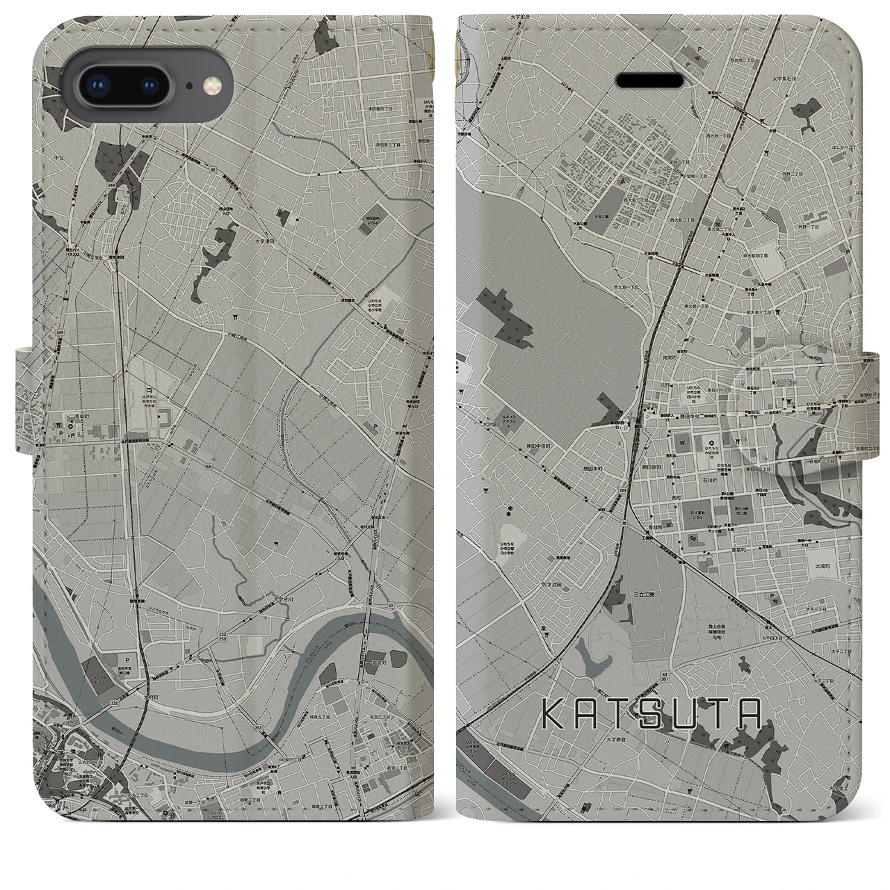 【勝田(茨城県)】地図柄iPhoneケース(手帳タイプ)モノトーン・iPhone 8Plus /7Plus / 6sPlus / 6Plus 用