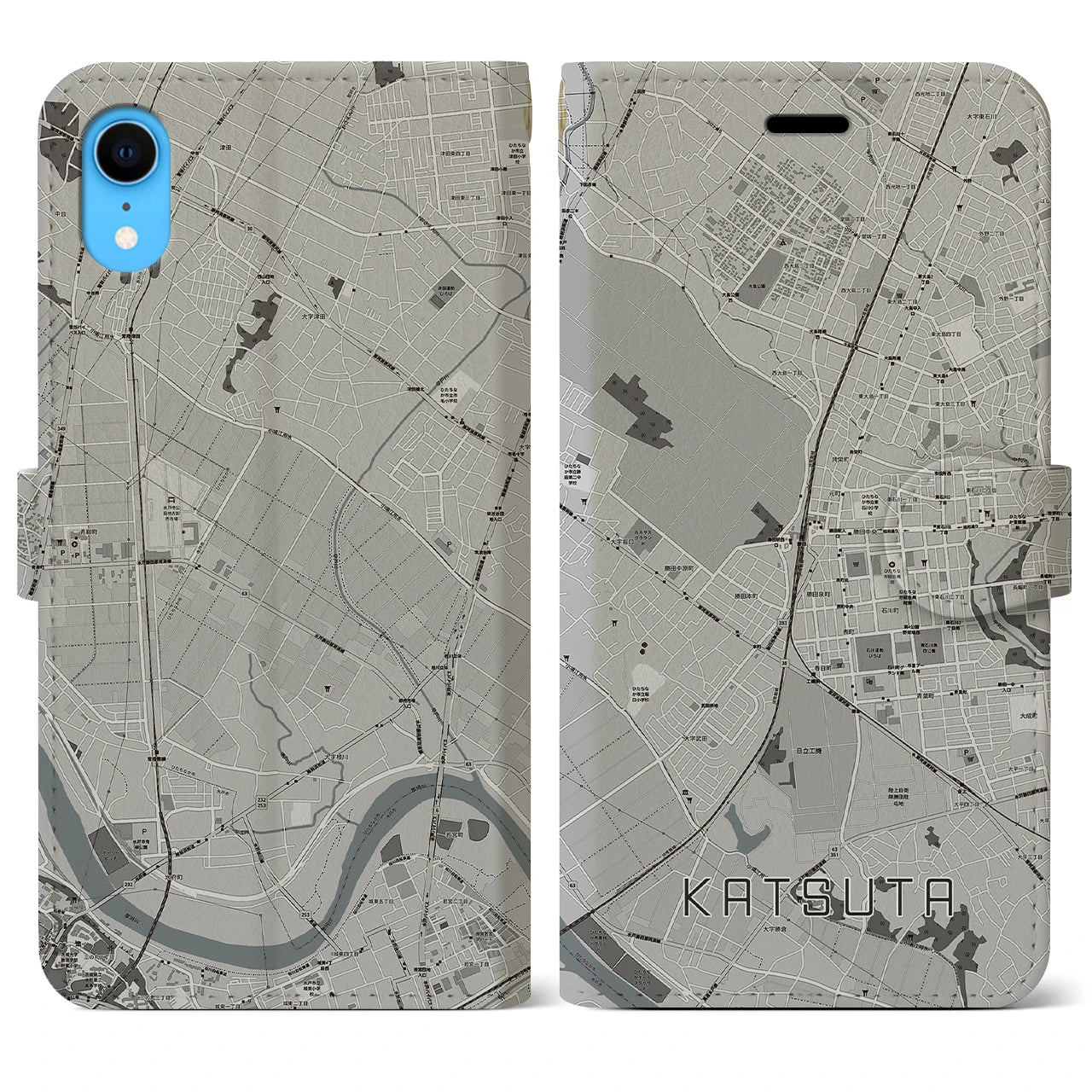 【勝田(茨城県)】地図柄iPhoneケース(手帳タイプ)モノトーン・iPhone XR 用