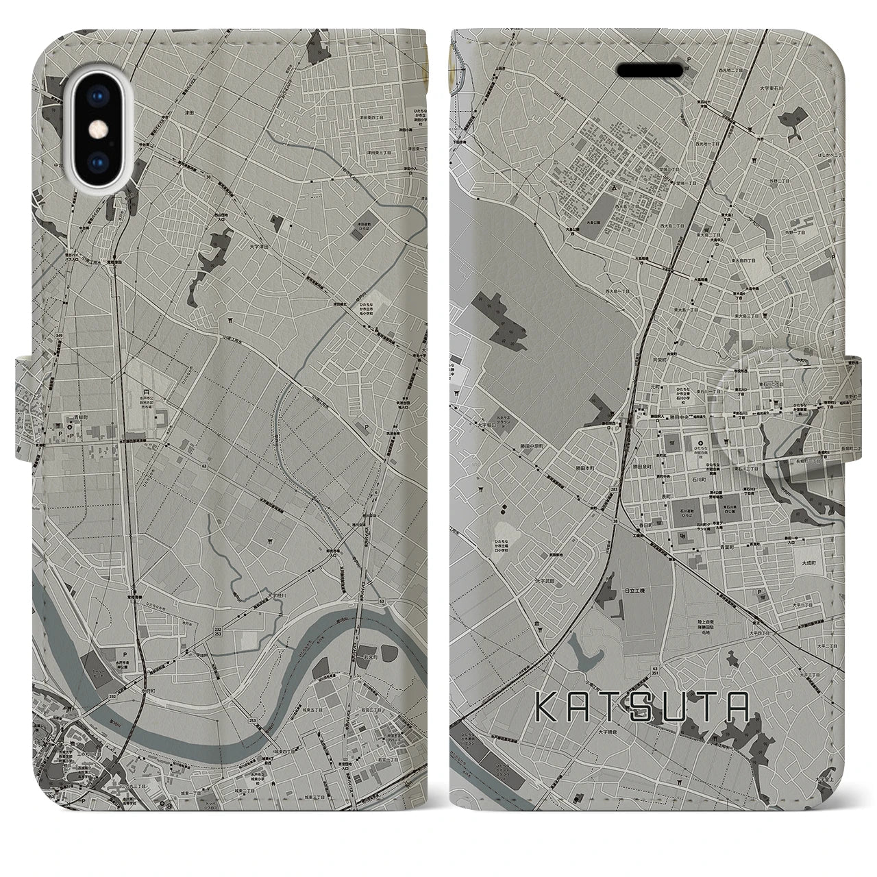 【勝田(茨城県)】地図柄iPhoneケース(手帳タイプ)モノトーン・iPhone XS Max 用