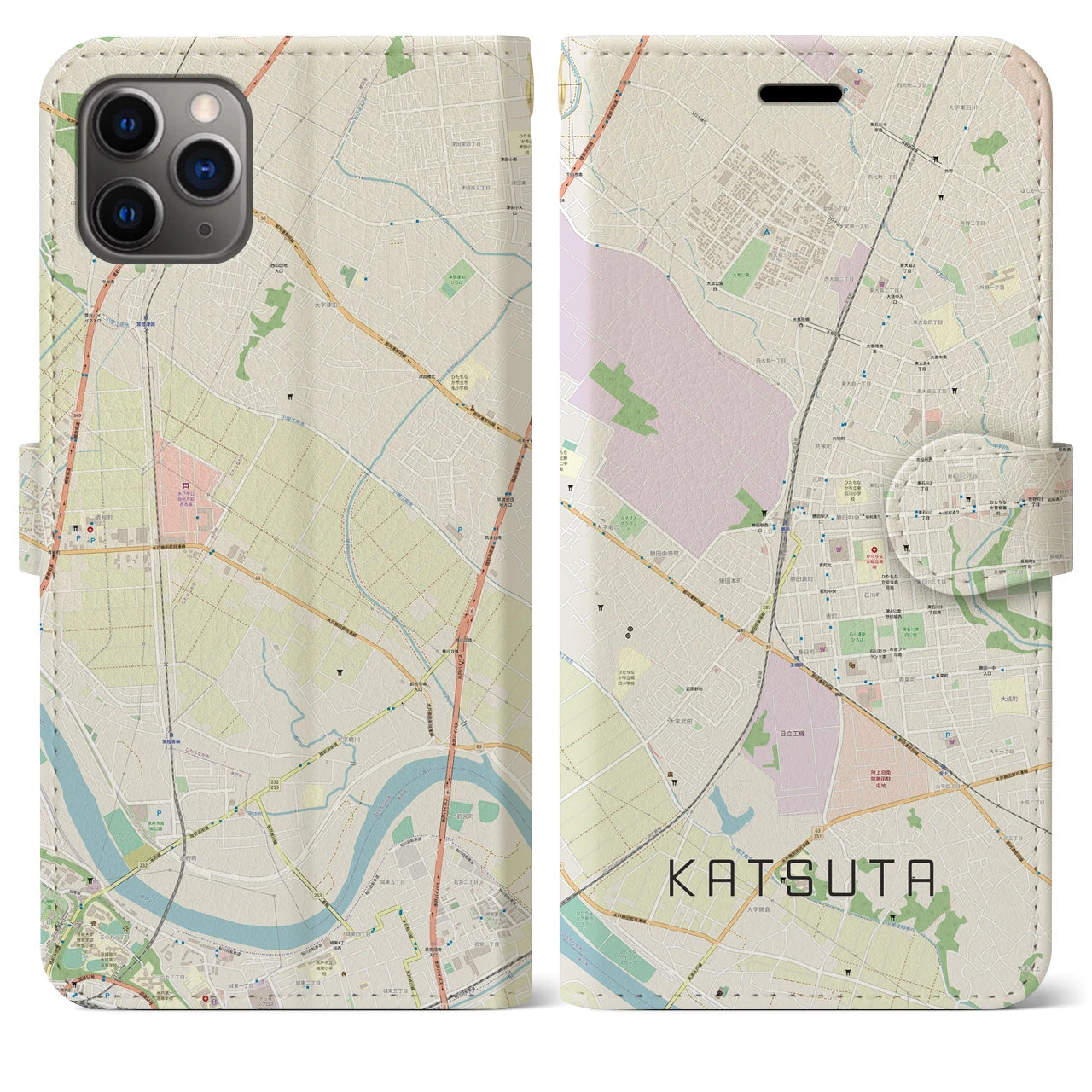 【勝田(茨城県)】地図柄iPhoneケース(手帳タイプ)ナチュラル・iPhone 11 Pro Max 用