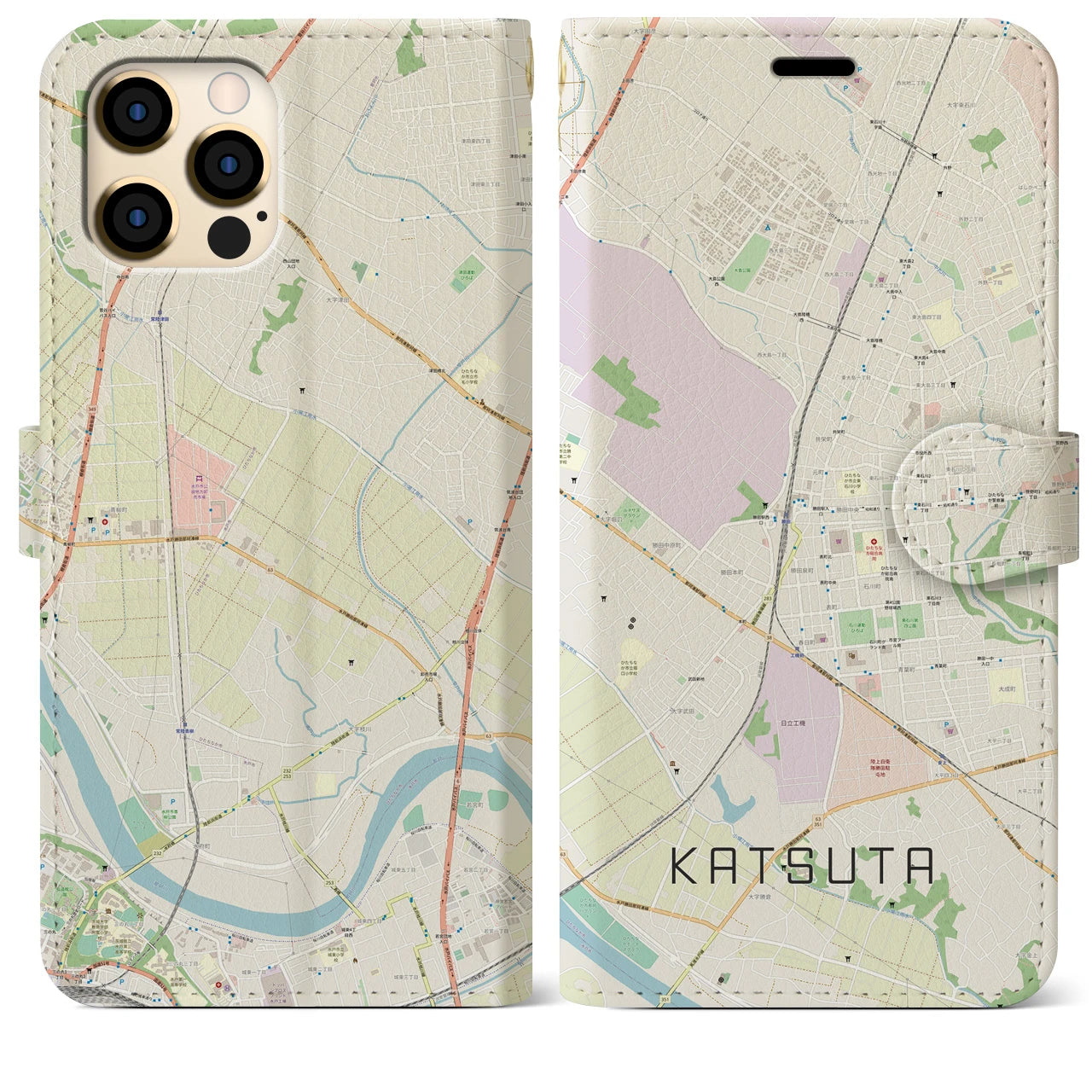 【勝田(茨城県)】地図柄iPhoneケース(手帳タイプ)ナチュラル・iPhone 12 Pro Max 用