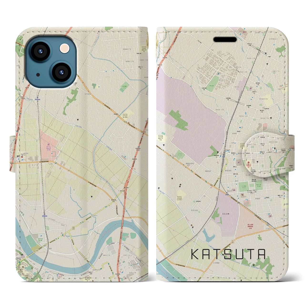 【勝田(茨城県)】地図柄iPhoneケース(手帳タイプ)ナチュラル・iPhone 13 用