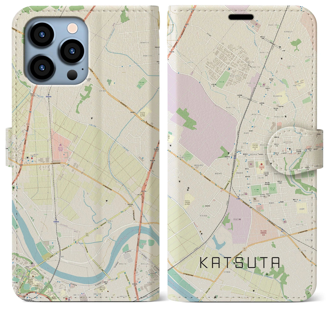 【勝田(茨城県)】地図柄iPhoneケース(手帳タイプ)ナチュラル・iPhone 13 Pro Max 用