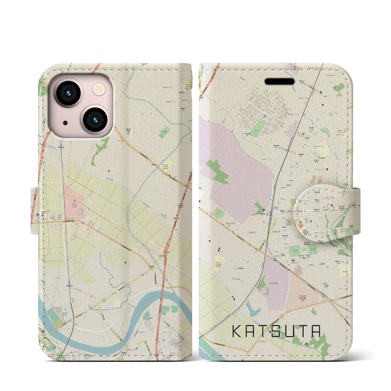 【勝田(茨城県)】地図柄iPhoneケース(手帳タイプ)ナチュラル・iPhone 13 mini 用