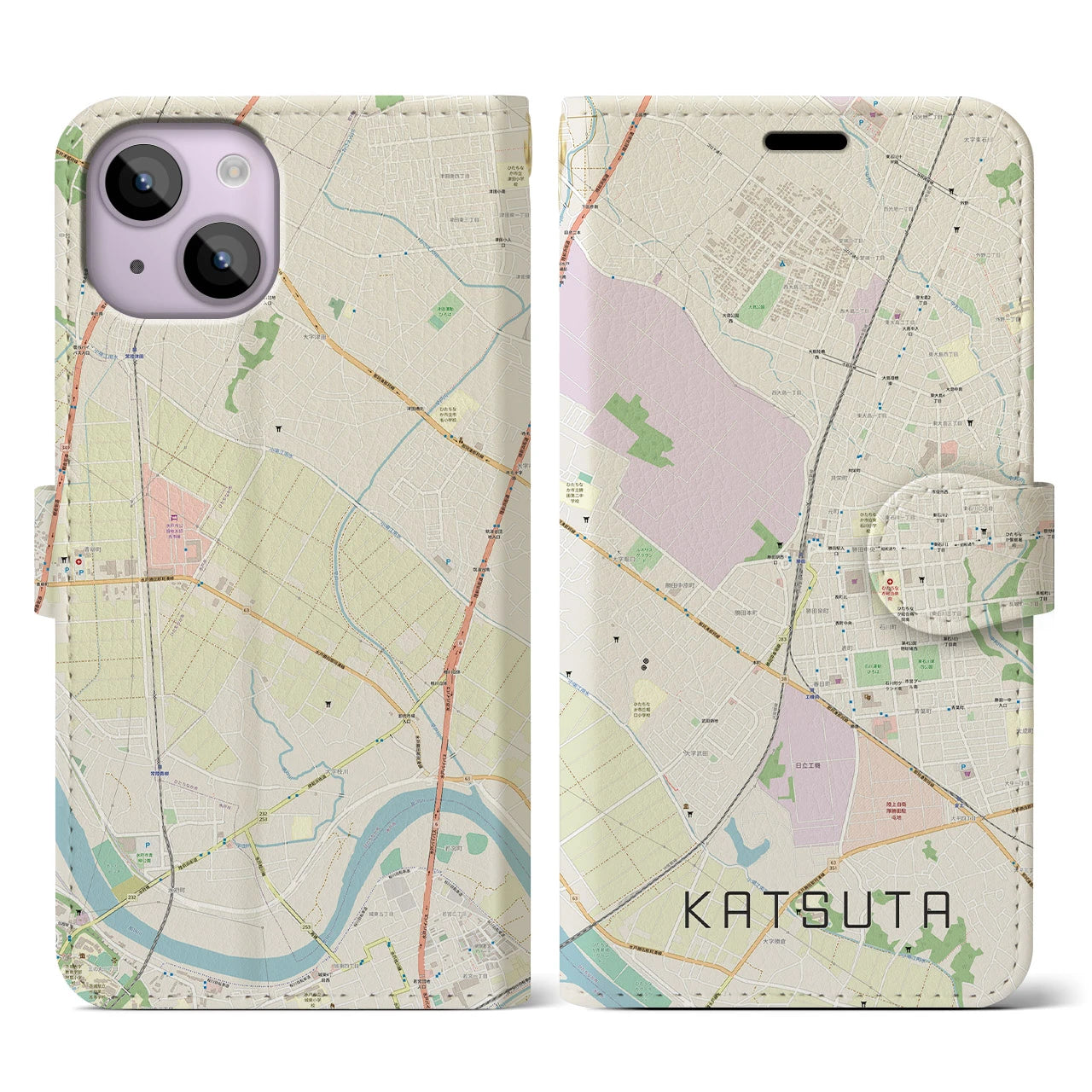 【勝田(茨城県)】地図柄iPhoneケース(手帳タイプ)ナチュラル・iPhone 14 用