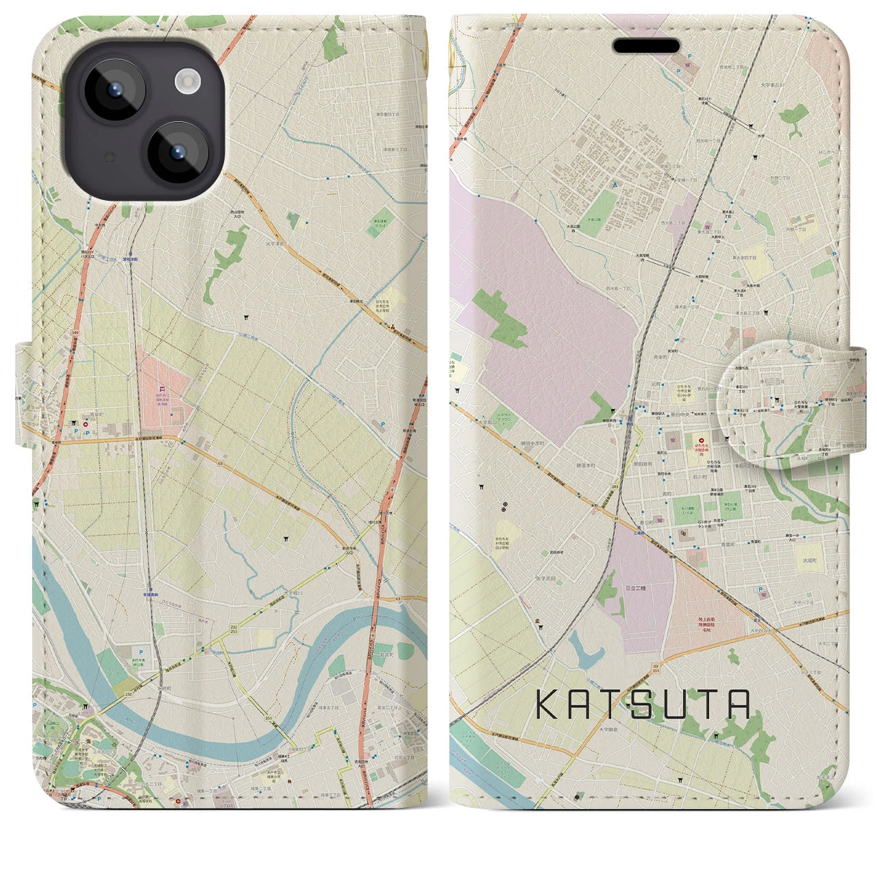 【勝田(茨城県)】地図柄iPhoneケース(手帳タイプ)ナチュラル・iPhone 14 Plus 用