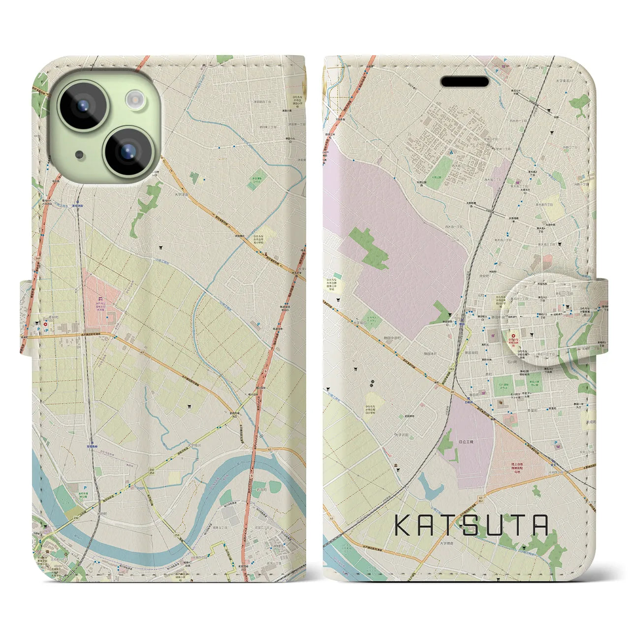 【勝田(茨城県)】地図柄iPhoneケース(手帳タイプ)ナチュラル・iPhone 15 用