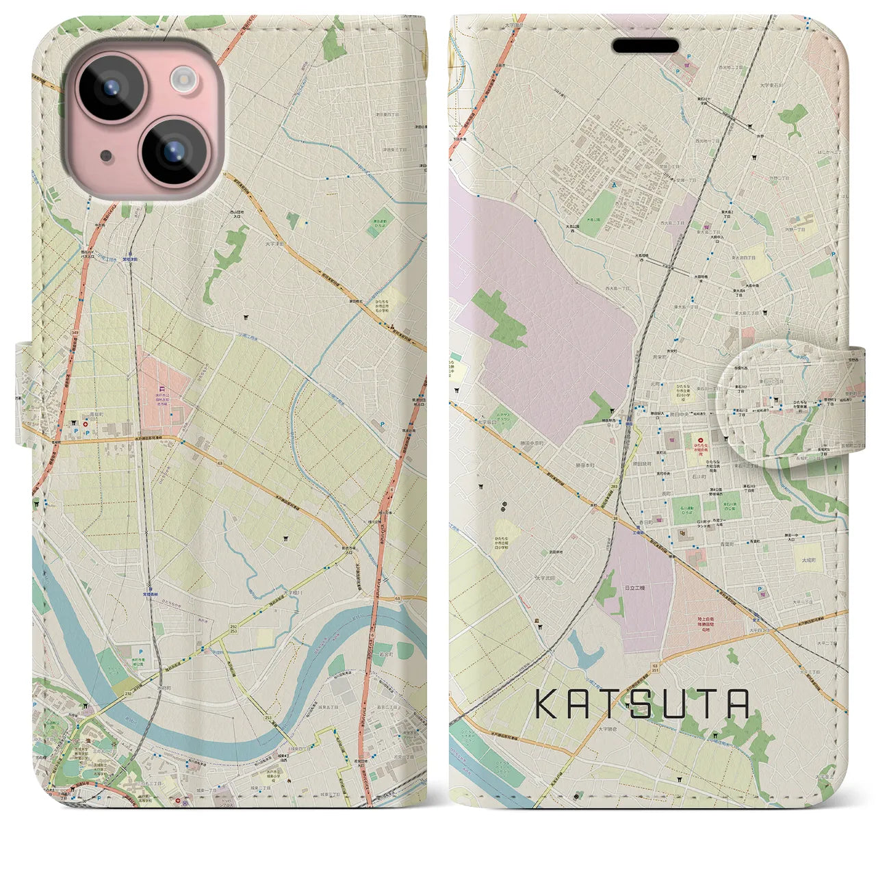 【勝田(茨城県)】地図柄iPhoneケース(手帳タイプ)ナチュラル・iPhone 15 Plus 用