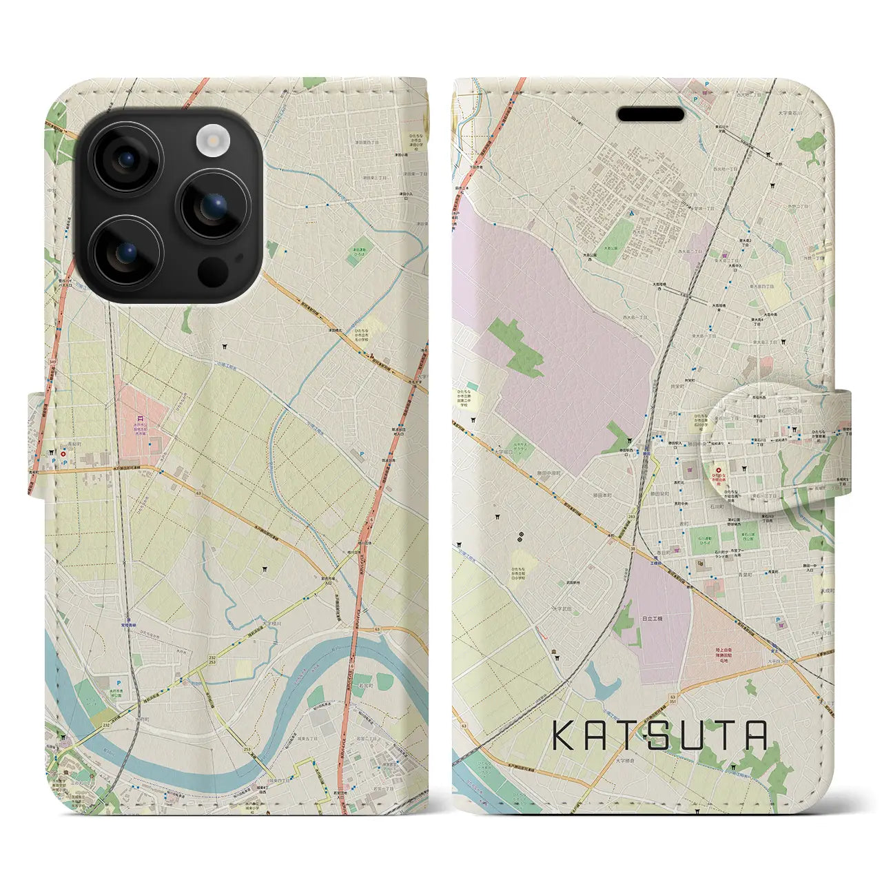 【勝田(茨城県)】地図柄iPhoneケース(手帳タイプ)ナチュラル・iPhone 16 用