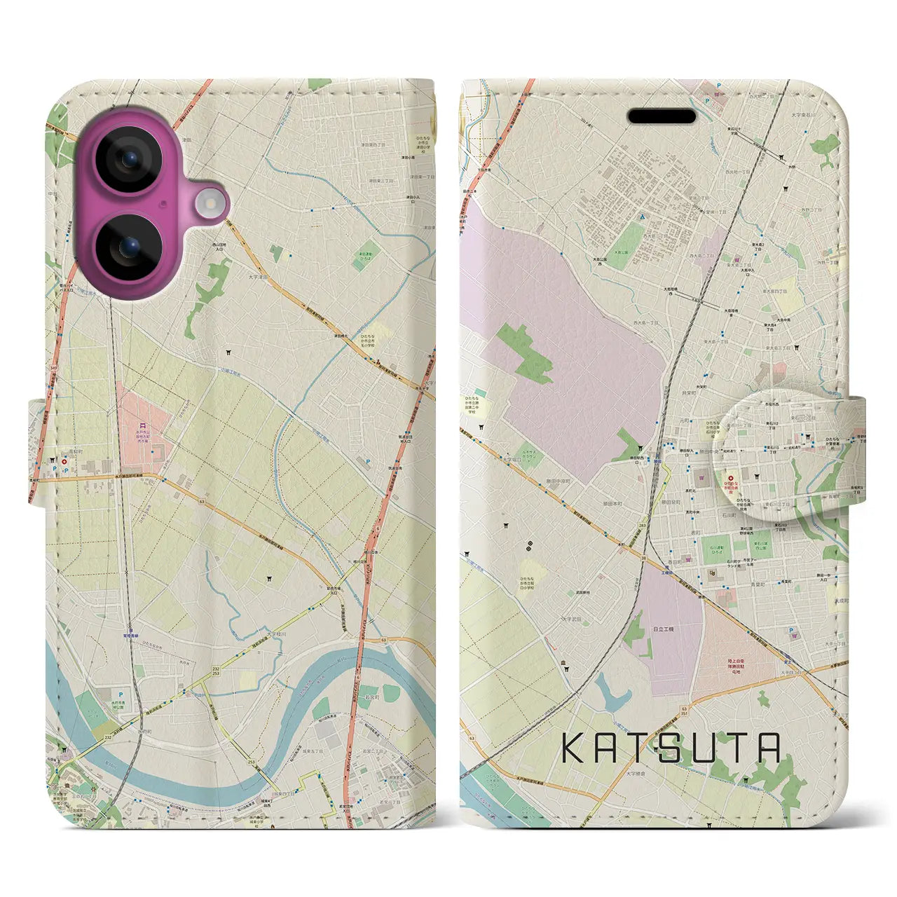 【勝田(茨城県)】地図柄iPhoneケース(手帳タイプ)ナチュラル・iPhone 16 Pro 用