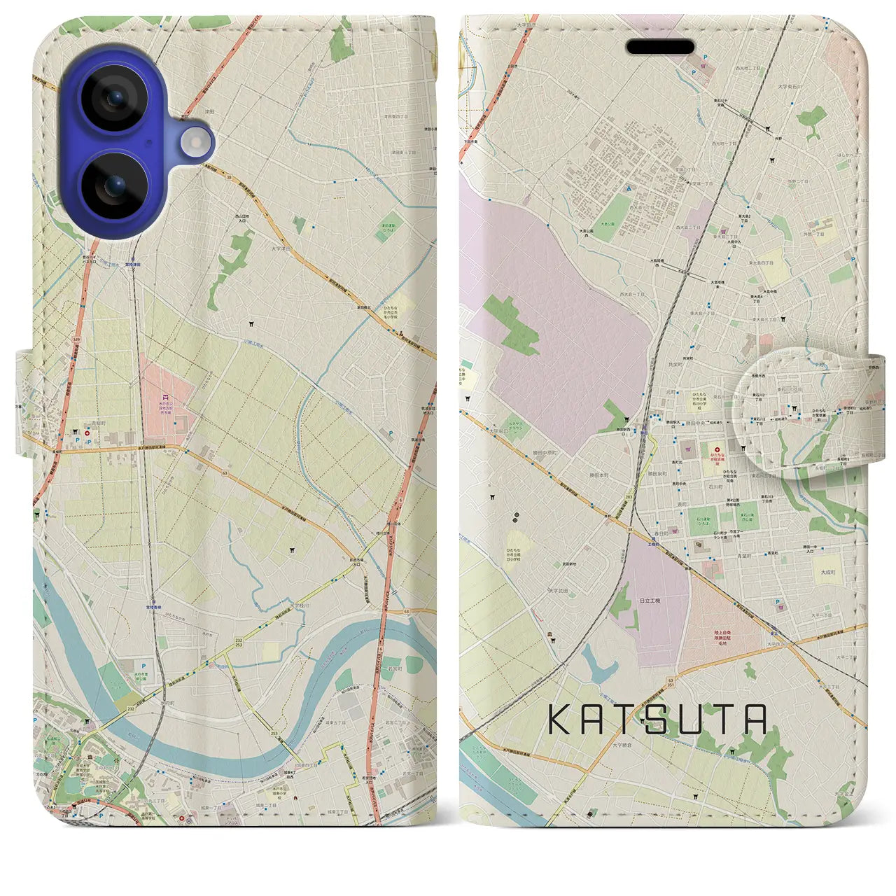 【勝田(茨城県)】地図柄iPhoneケース(手帳タイプ)ナチュラル・iPhone 16 Pro Max 用