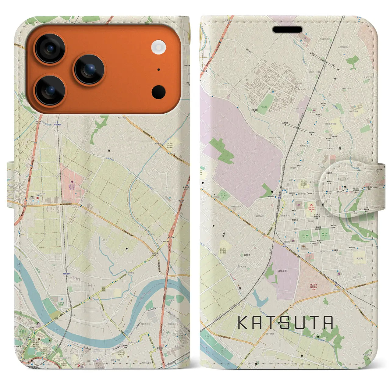【勝田(茨城県)】地図柄iPhoneケース(手帳タイプ)ナチュラル・iPhone 17 Pro Max 用