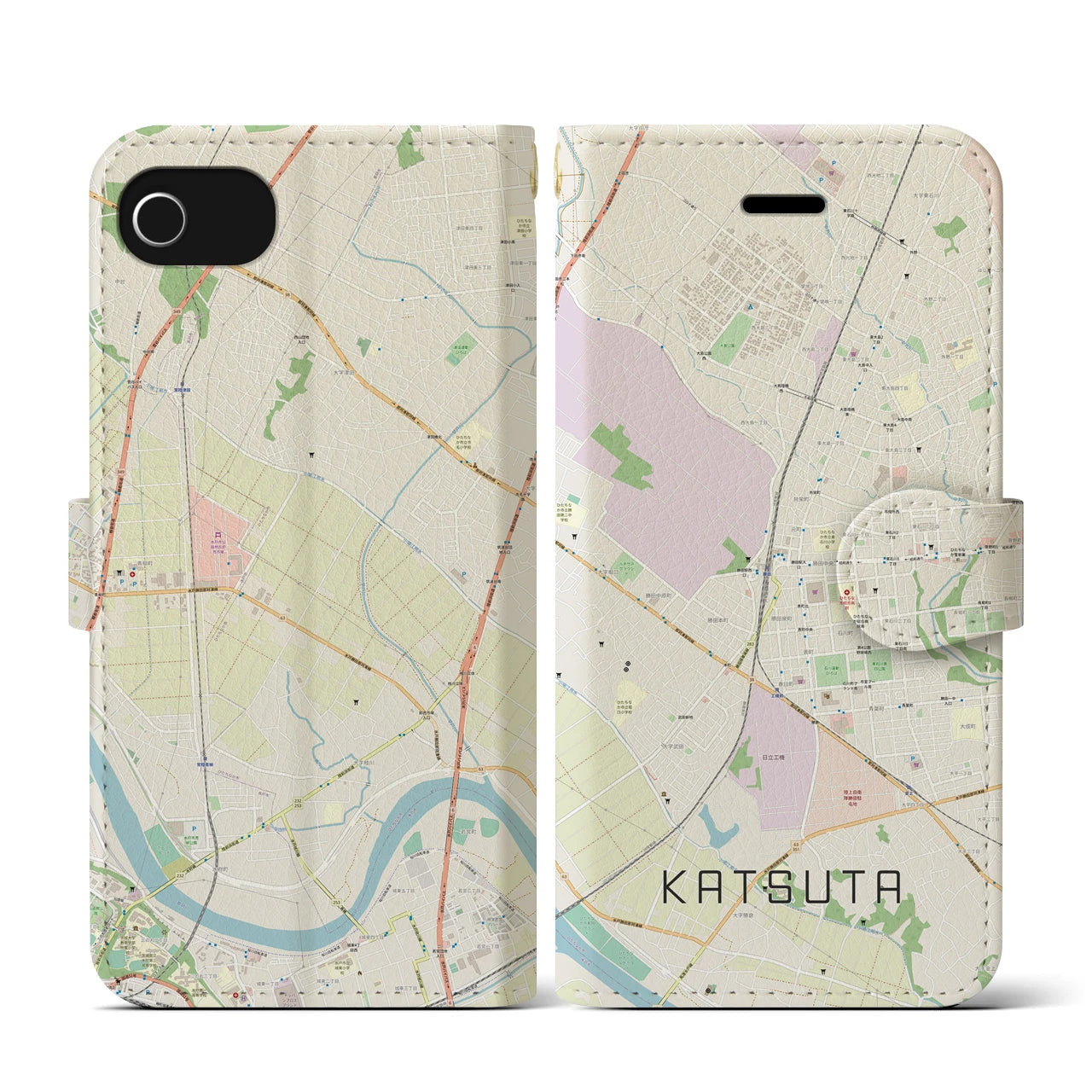 【勝田(茨城県)】地図柄iPhoneケース(手帳タイプ)ナチュラル・iPhone SE(第3 / 第2世代) / 8 / 7 / 6s / 6 用