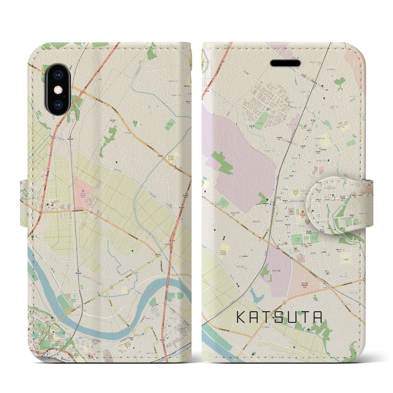 【勝田(茨城県)】地図柄iPhoneケース(手帳タイプ)ナチュラル・iPhone XS / X 用