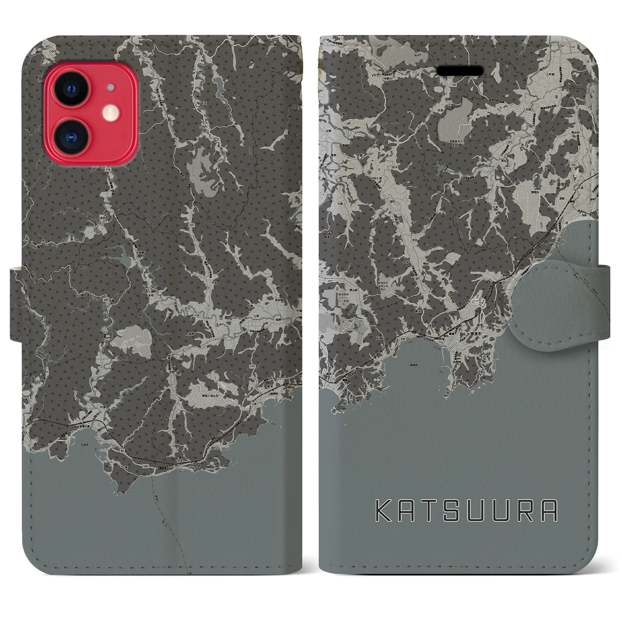 【勝浦(千葉県)】地図柄iPhoneケース(手帳タイプ)モノトーン・iPhone 11 用