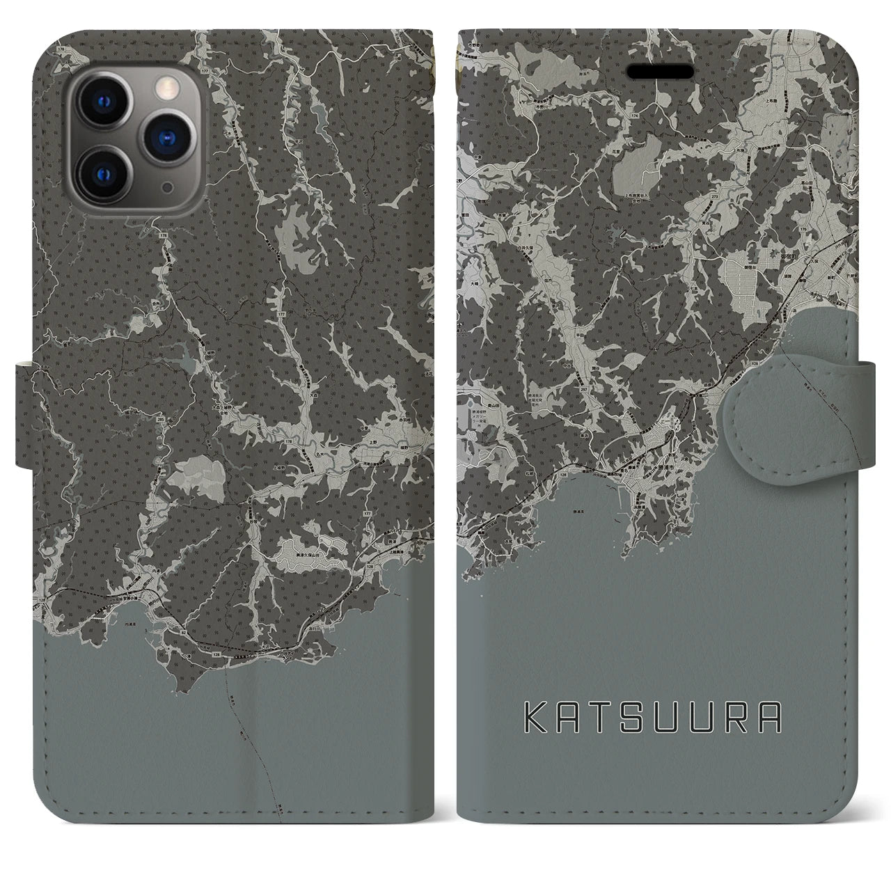 【勝浦(千葉県)】地図柄iPhoneケース(手帳タイプ)モノトーン・iPhone 11 Pro Max 用